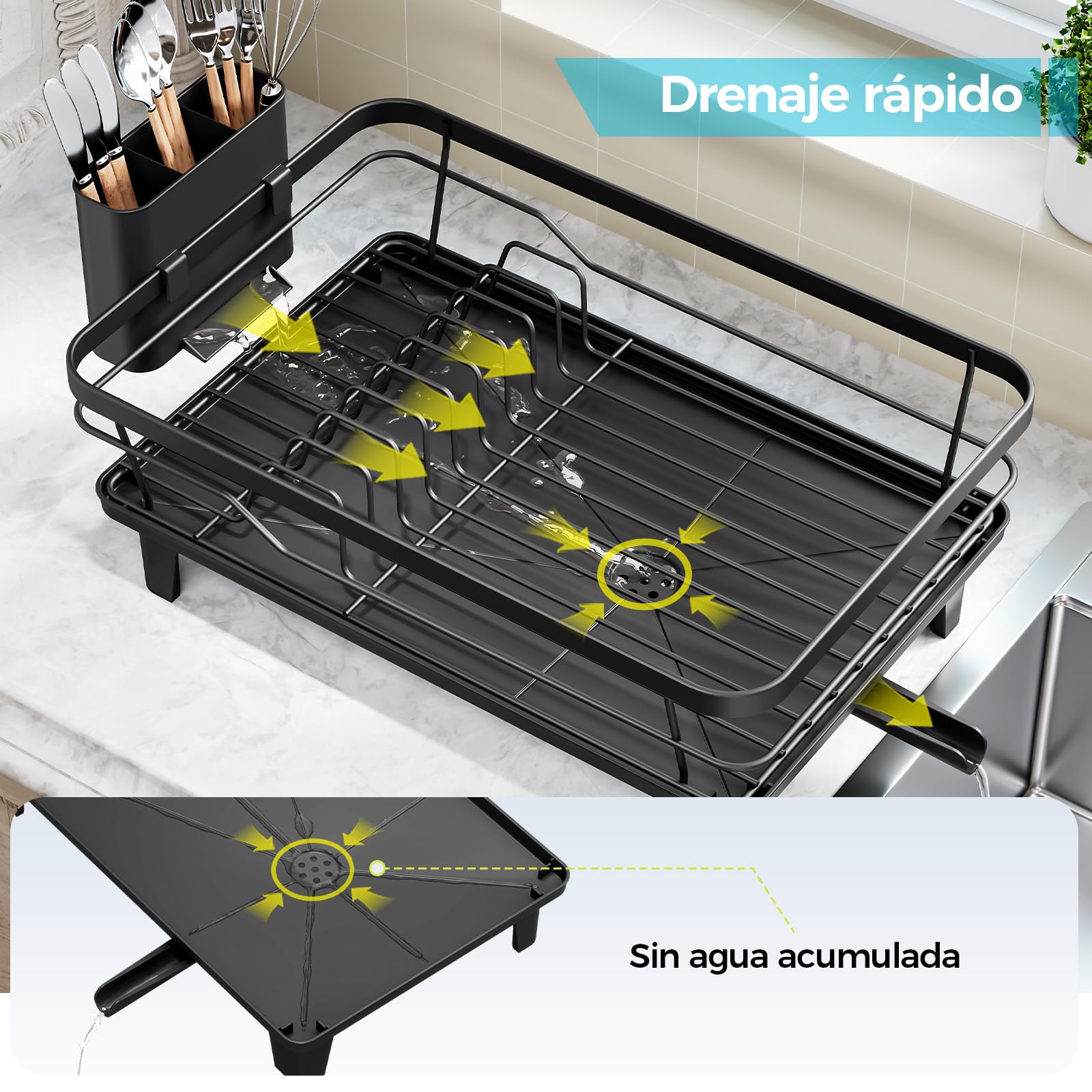 Escurridor de Platos, Escurreplatos con Soporte para Utensilios Extraíble, Escurreplatos de Cocina para Fregadero con Tabla de Escurrir con Pies Elevados, Escurreplatos de Gran Capacidad, Negro
