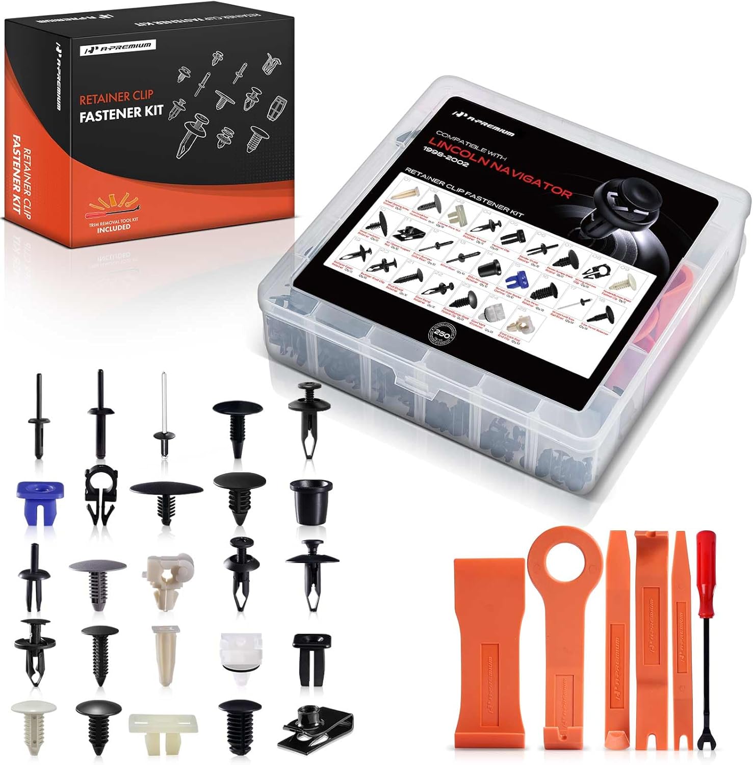 A-Premium 250 PCS 25 Sizes Car Retainer Clip Kit Compatible with Lincoln Navigator 1998-2002, Bumper Fender Door Lock Rod Trim Auto Push Pin Plastic Rivet Fastener Replacement Set, w/Removal Tool