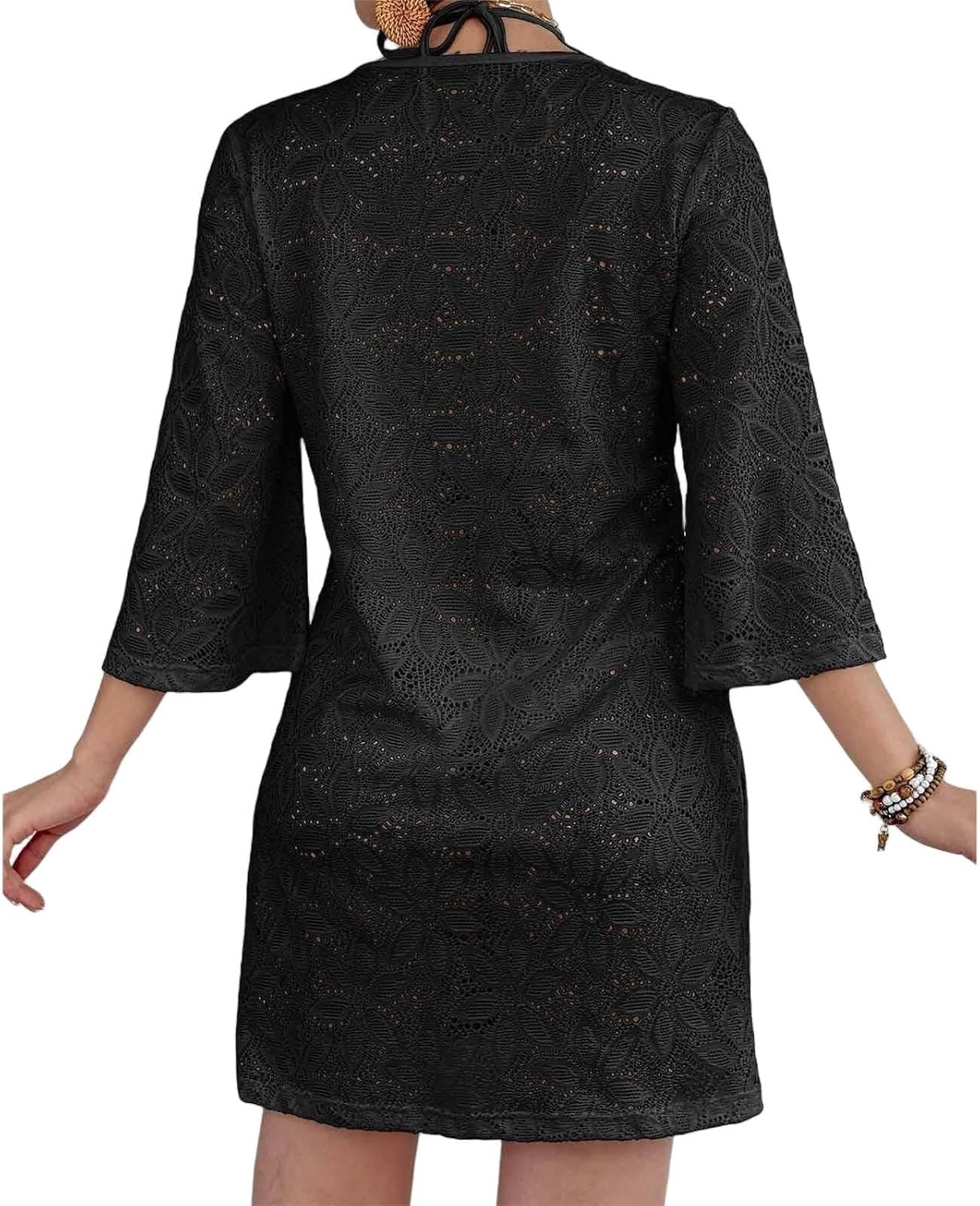 Swimsuit Coverup for Women Floral Lace Beach Cover Up Hollow Out 3/4 Sleeve Cover Ups Summer Vacation Outfits