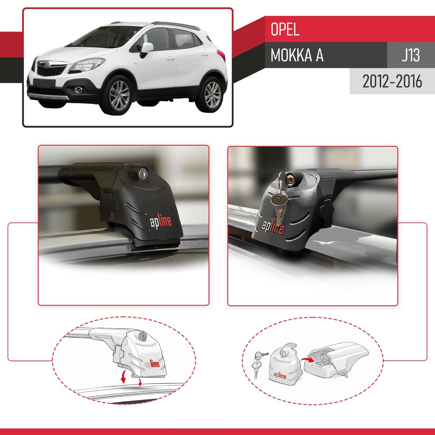 Compatible con Opel Mokka A (J13) 2012-2016 Modelo Ace-2 Barra de Techo Auto Portaequipajes Barras Transversales Negro Aluminio 2 Barras