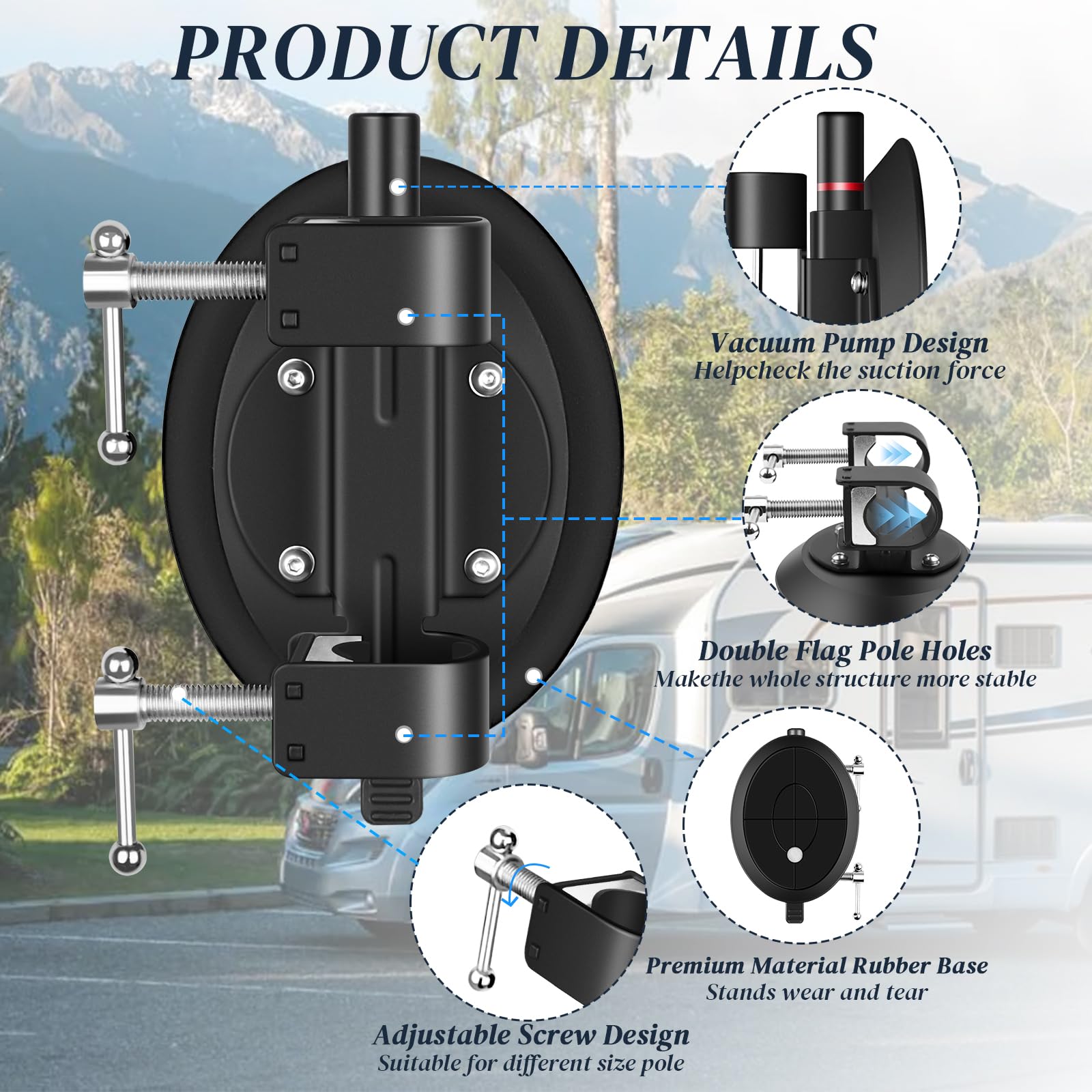 Upgrade Car Flag Suction Cup,Vacuum Suction Cup Mount with Double Flag Holes,No Drill Flag Pole Mount with Strong Suction,Adjustable Flag Pole bracket,Reusable Suction Cup Holder for Car Truck RV