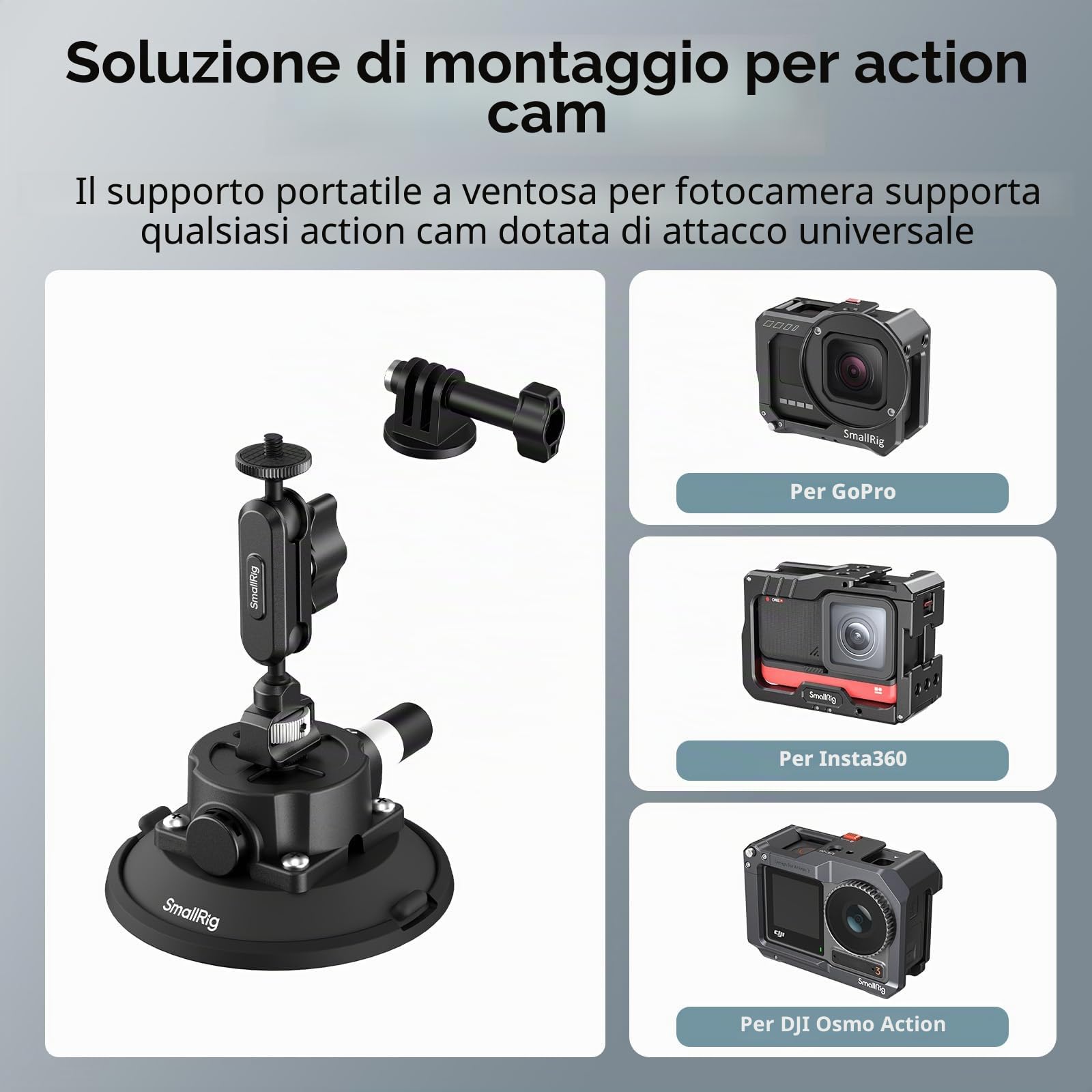 SMALLRIG Supporto a Ventosa da 4,5" con Braccio Bagico a Testa Sferica, Supporto per Action Cam per DJI Osmo Action 5 Pro/4, per Insta360 x5, per GoPro 13/12, Capacità di Carico 1,5 kg, 5855