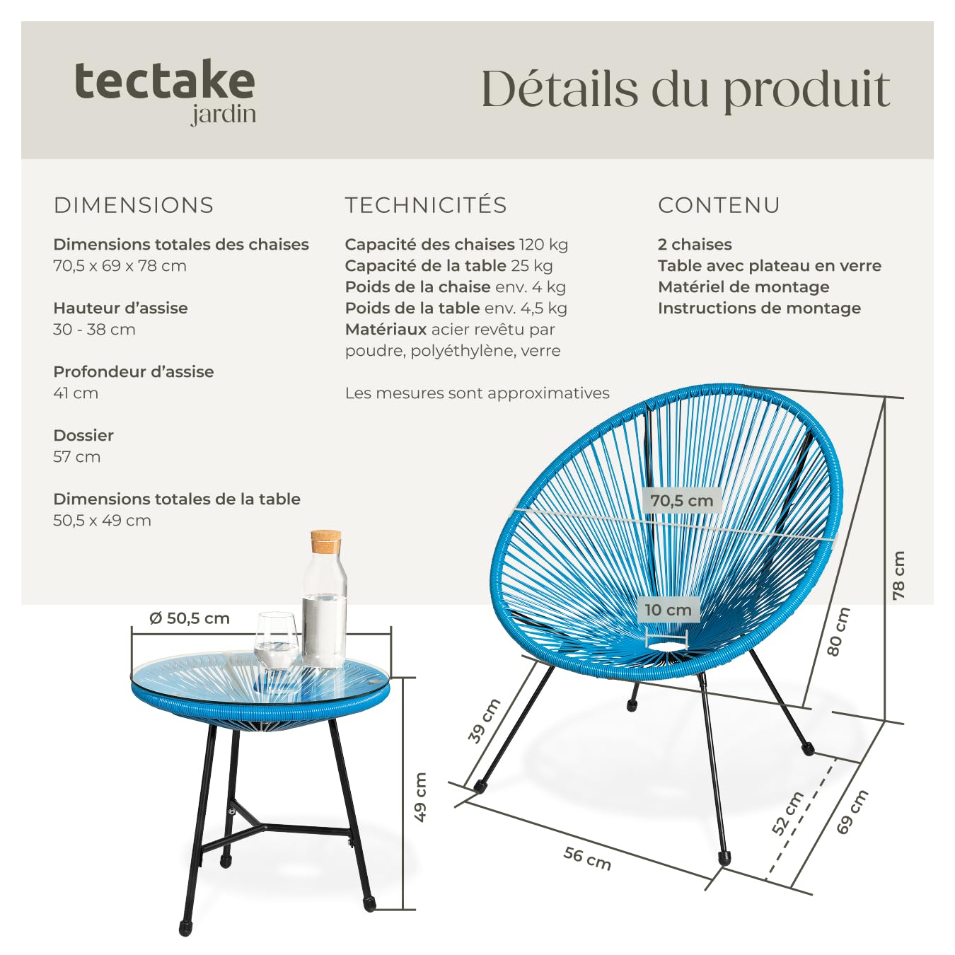tectake® Ensemble Table et Chaises Acapulco Salon de Jardin Exterieur Table de Bistrot Bar, Structure en Acier lâqué époxy, Mobilier de Jardin Amenagement Balcon Terrasse