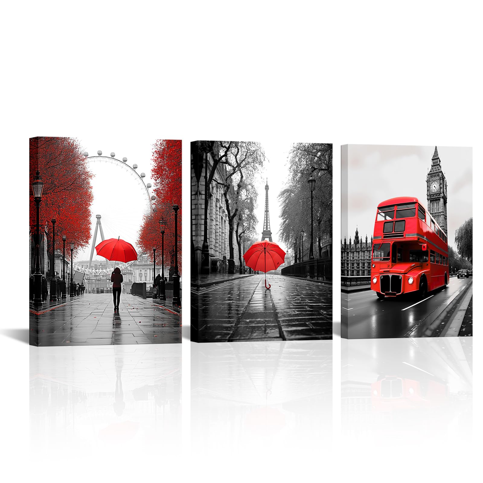 Canvbay Black and White Eiffel Tower Wall Art Decor London Big Ben with Bus Landscape Canvas Prints Red Umbrella on Paris Street and Ferris Wheel Painting Framed for Living Room 12x16inchx3pcs