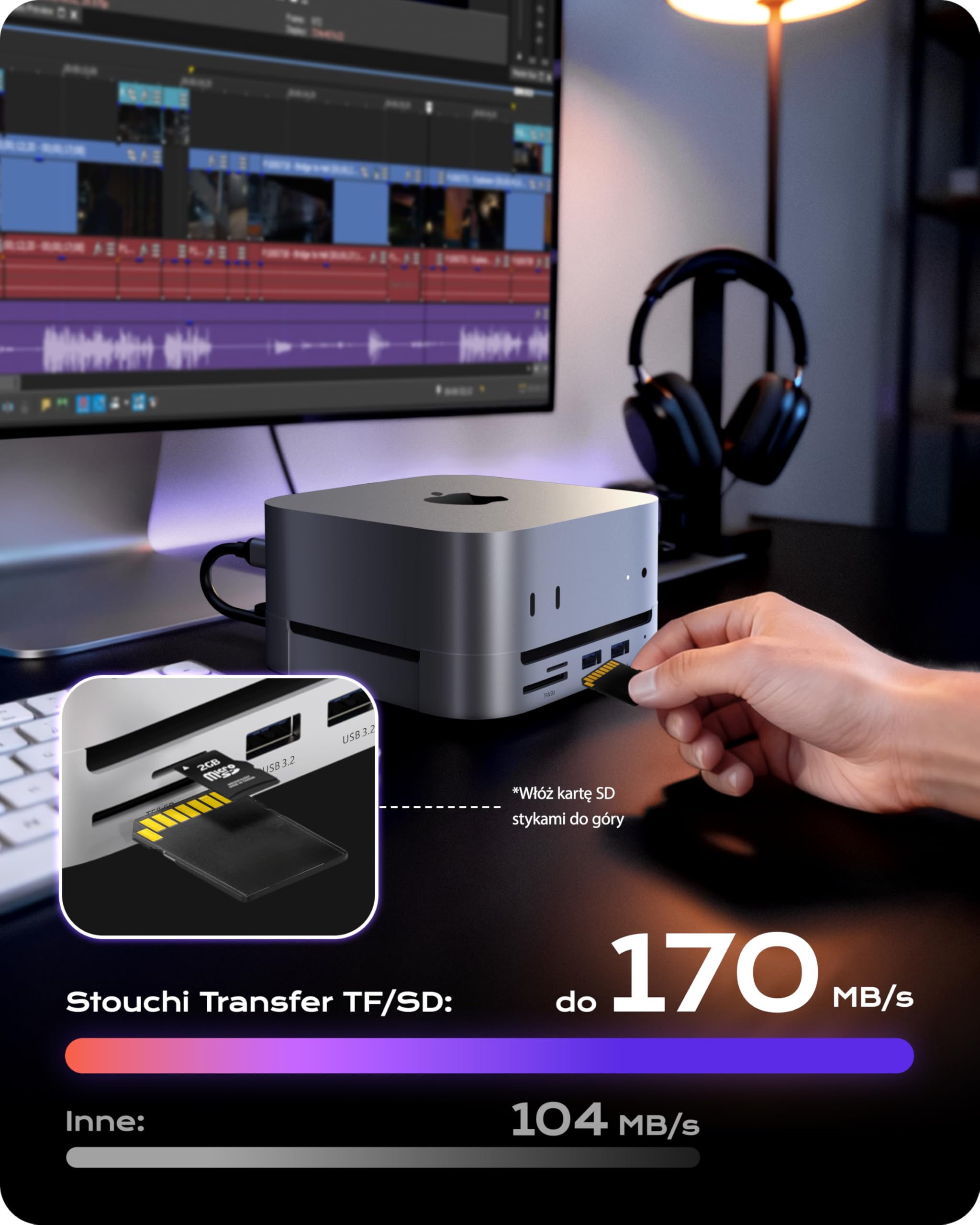 Stouchi Stacja dokująca Mac Mini M4 z obudową 8 TB NVMe SATA SSD, 2 x USB A 10 Gb/s, 4K przy 60 Hz HDMI, gniazdo SD/TF, 2 x port danych USB A, audio 3,5 mm, łatwy przycisk zasilania i stabilne Wi-Fi