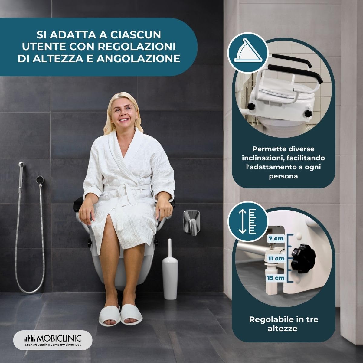 Mobiclinic®, Rialzo per wc Anziani, Tajo, Braccioli pieghevoli, Persone disabili, Coperchio, Regolabile in 3 altezze, Bidet, Inclinabile, Ausili, Bianco