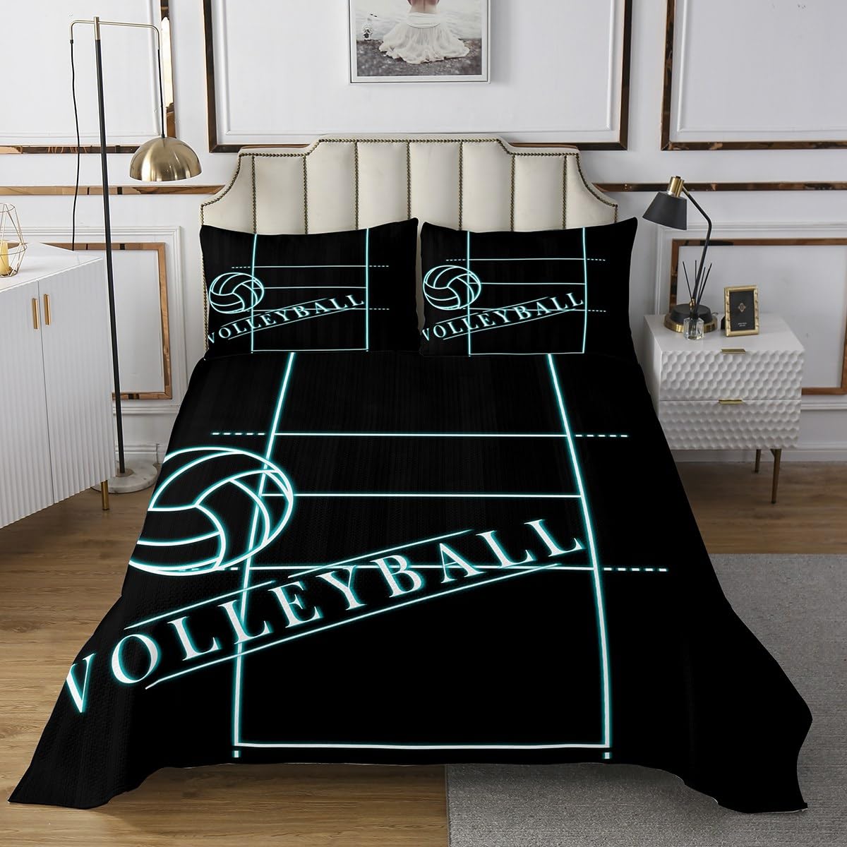 Erosebridal Volleyball Twin Quilt Set for Boys Room Sport Coverlet Set, Glowing Volleyball Court Bedding Set Sports Gamer Bedspread Set, Teal Blue Bed Quilt