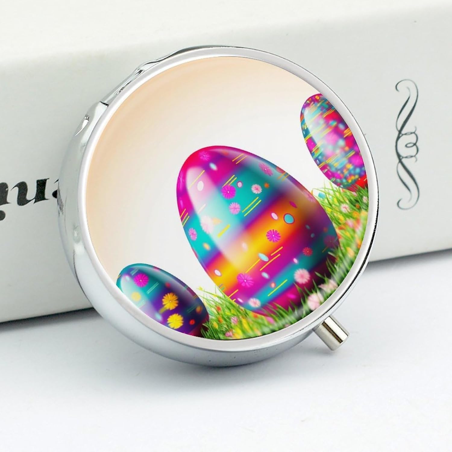 Round Silver Pill Box Small Pill Case for Purse and Pocket 3 Compartment image 4