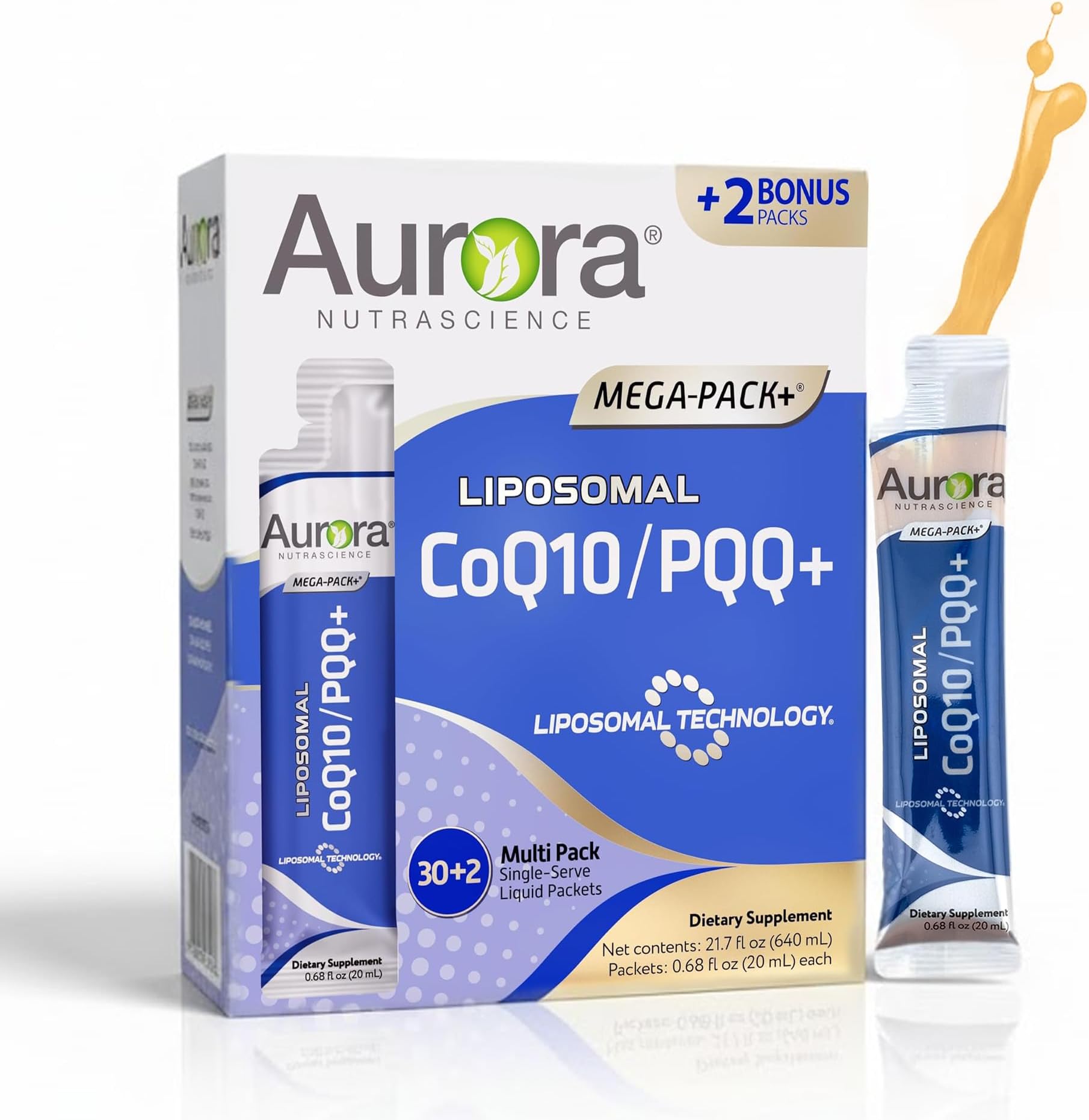 Vida Lifescience Aurora Nutrascience Mega-Liposomal CoQ10, PQQ & Vitamin C, Energy and Cellular Support, Gluten Free, Non-GMO, Sugar Free, Strawberry, 32 Single Serve Packets