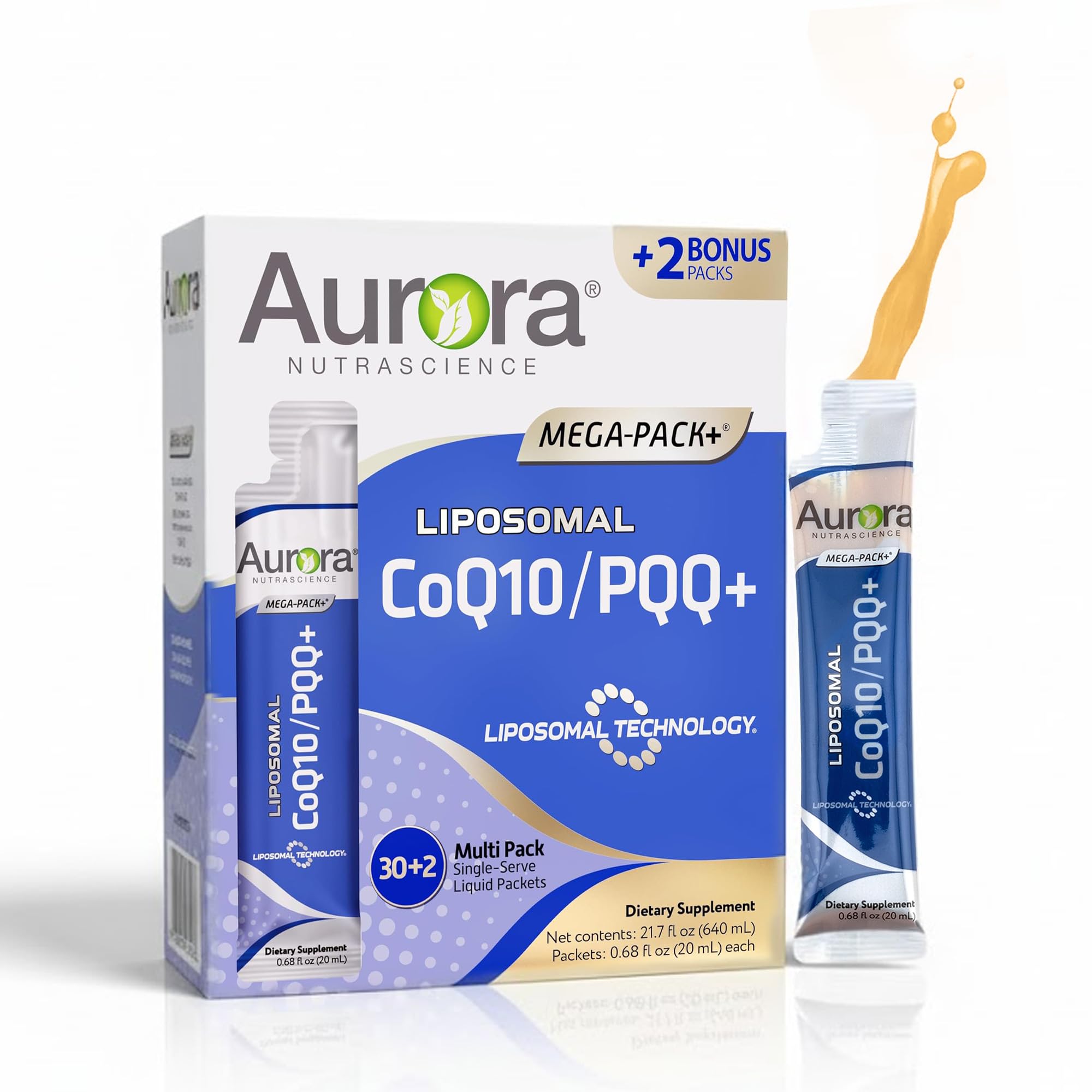 Vida Lifescience Aurora Nutrascience Mega-Liposomal CoQ10, PQQ & Vitamin C, Energy and Cellular Support, Gluten Free, Non-GMO, Sugar Free, Strawberry, 32 Single Serve Packets