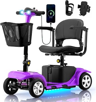Mobility Scooters for Seniors, 4 Wheels Foldable Mobility Scooter Long Range for Travel, Adults, Elderly, Supports 300 lbs, Powered Electric Mobility Scooter with Charger & Basket Purple