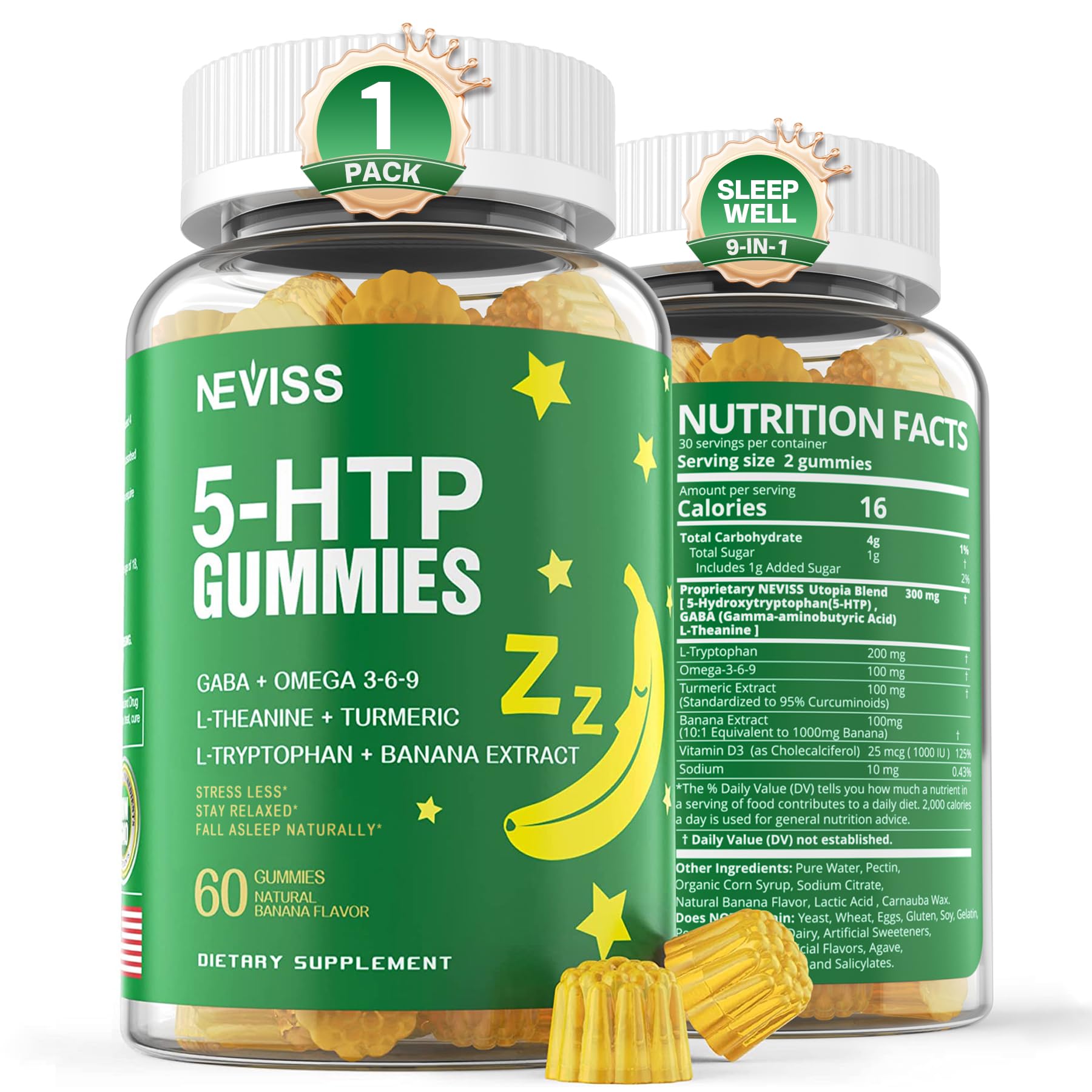 NEVISS 1Pack 5-HTP Gummies + GABA - Melatonin Free - Relaxation Gummies with Banana Extract, L-Theanine,L-Tryptophan, Vitamin D3 for Healthy Rest Cycle & Circadian Rhythm,Brain Function & Muscle Relax