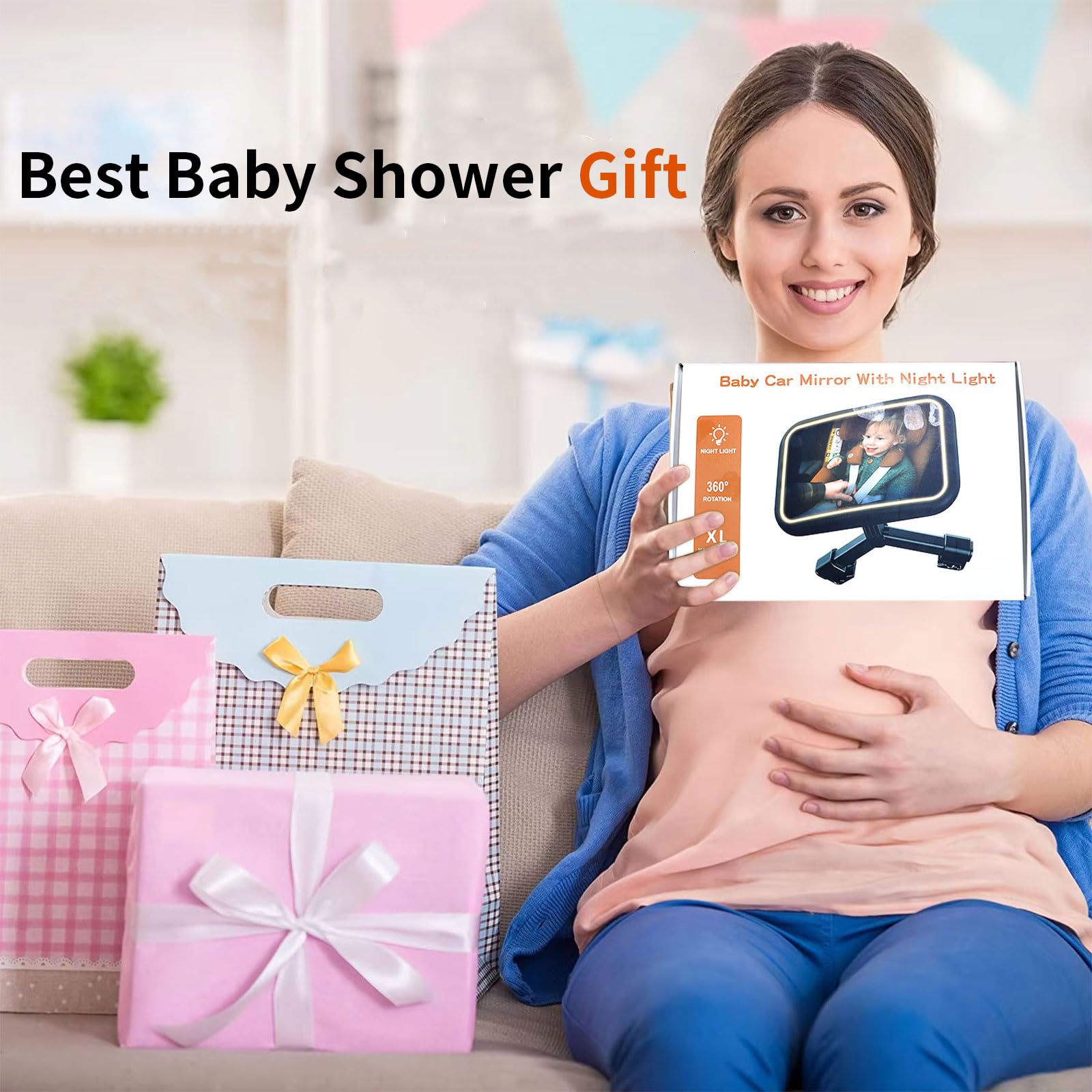 Specchio per auto con luce a 360° con telecomando per specchietto retrovisore per auto, sedile posteriore con clip in metallo per neonato + 2 adesivi Baby on Board e 2 ganci per poggiatesta