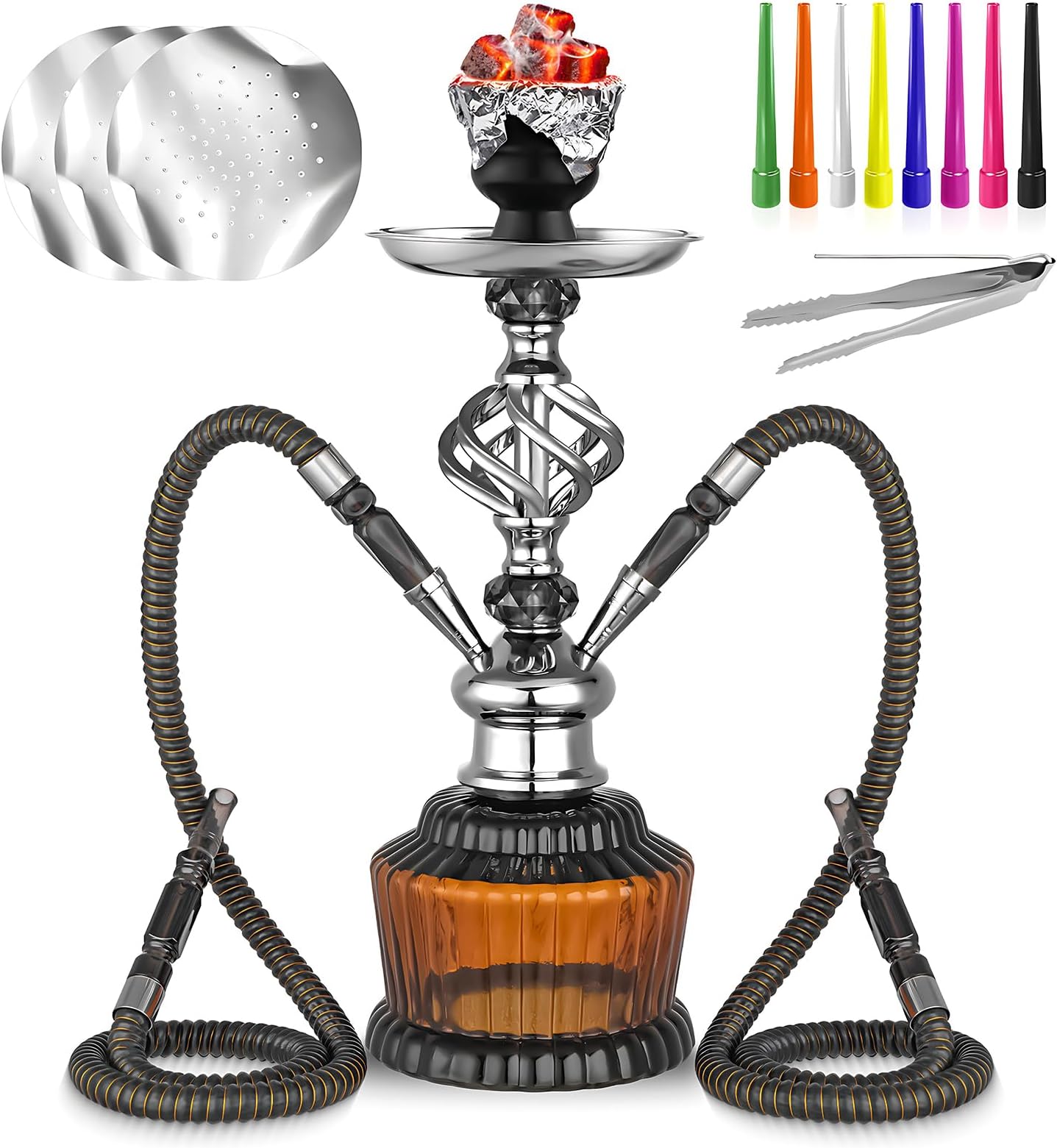 2 Hose Hookah Set 15'' Shisha With Everything Glass Vase Hollow-Carved,Coal Tong, Hookah Foil, Disposable Tips (Brown)