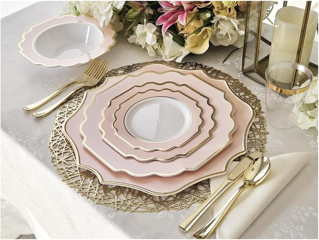 OCCASIONS Pink Plastic Plates - 50 Plates Pack (25 Guests) Heavyweight Disposable Dinner & Dessert Plate Set for Wedding, Party, Baby Shower (25x10.5" + 25x8") Imperial in Blush Pink & Gold