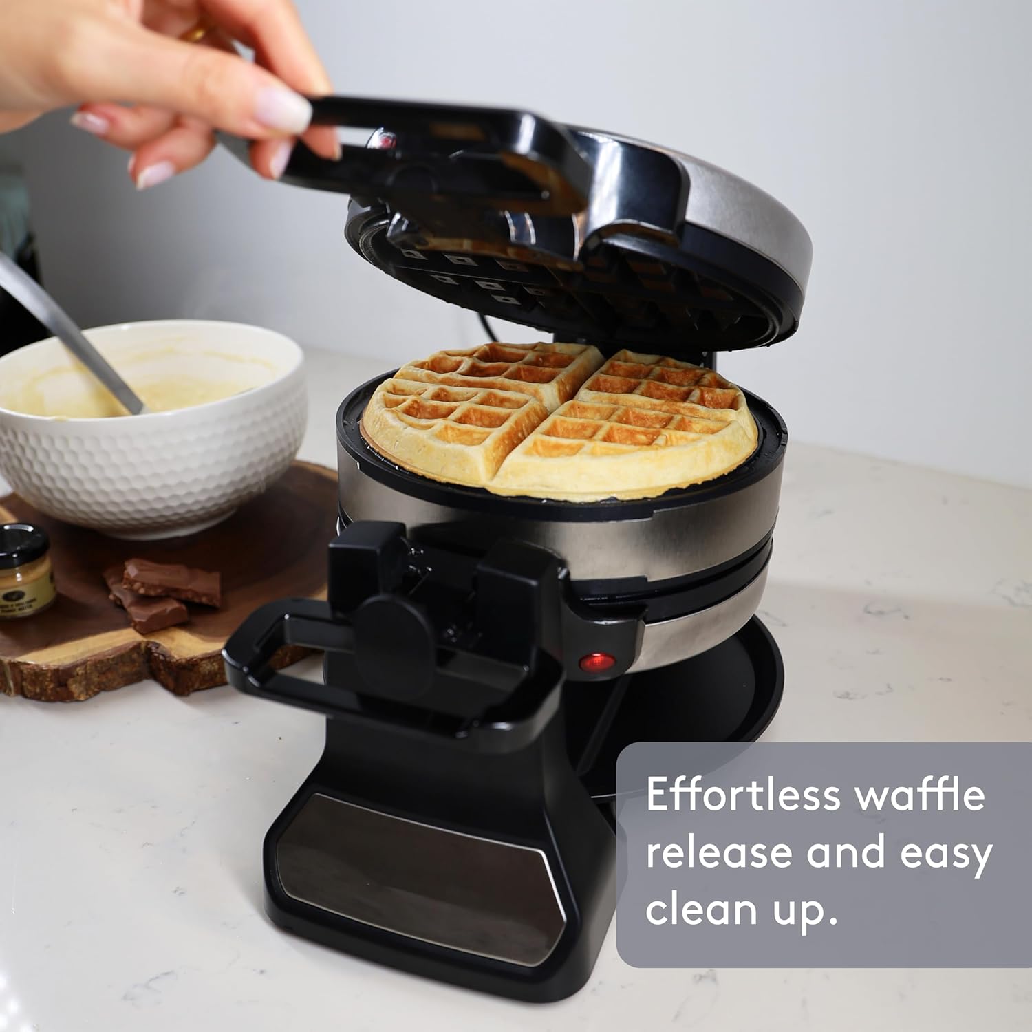 1400W Double Belgian Waffle Maker with 180° Rotation, Secure Handle Lock, Red Light Indicator, Non Stick 8" Cooking Plates and Removable Drip Tray for Easy Cleaning