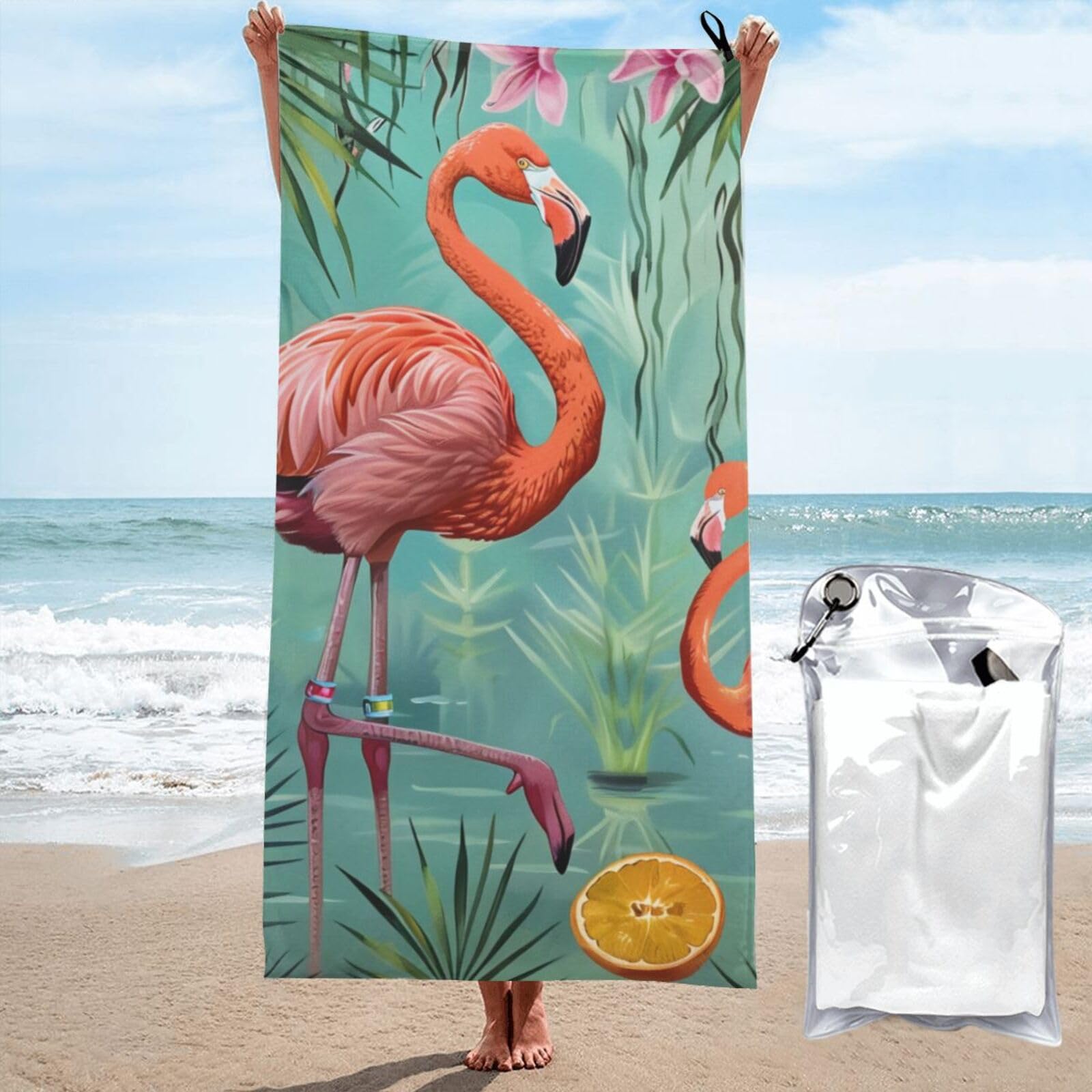 BWWHCCTI Flamingo Printed Microfiber Quick Dry Beach Towel 70x140 CM, Fast Drying Bath Towels with Bags for Travel,Camping,Gym,Beach,Swimming,Yoga