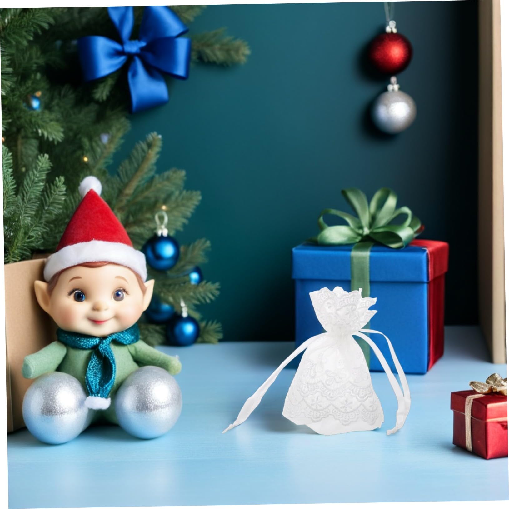 Cabilock Weiße Geschenkbeutel mit Kordelzug und Spitzenmuster 25 Stück | Polyester und Snow Yarn, für Party und Festival, Geeignet für Schreibwaren und Make Up