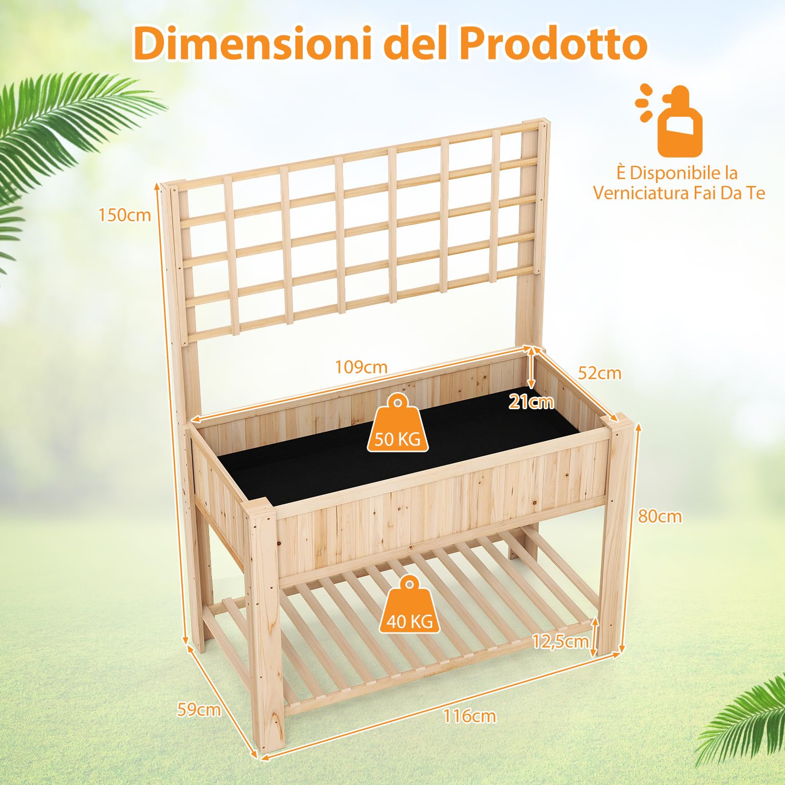 COSTWAY Letto da Giardino Rialzato, Fioriera Elevata con Traliccio, Mensola di Stoccaggio e Fori di Drenaggio, Orto Rialzato per Cortile, Giardino e Patio, 116 x 59 x 150 cm (Naturale)