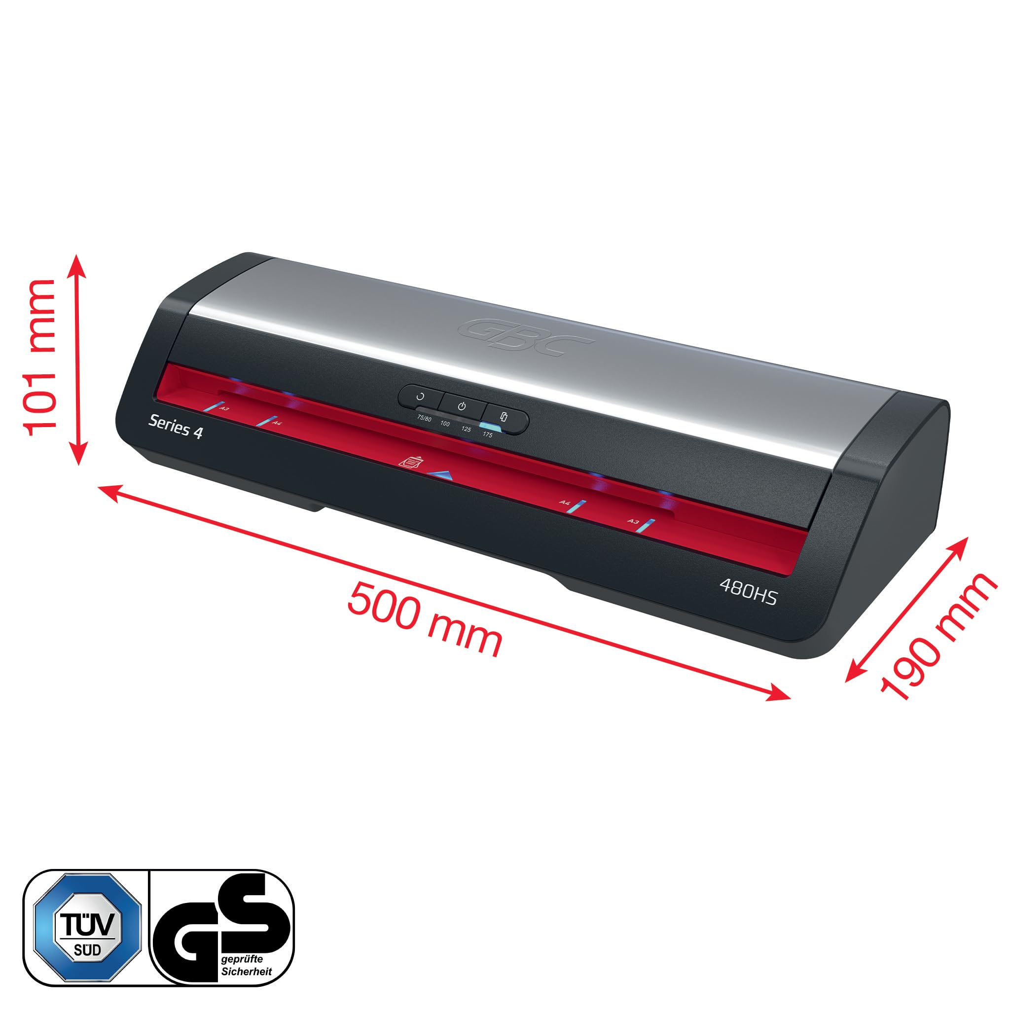 Plastificatrice A3 GBC 480HS piccoli uffici – Alta velocità, riscaldamento rapido in 1 minuto, 75-175 micron, anti-inceppamento, autospegnimento, con 5 buste di laminazione A4, Nero/Rosso, 4410072EU
