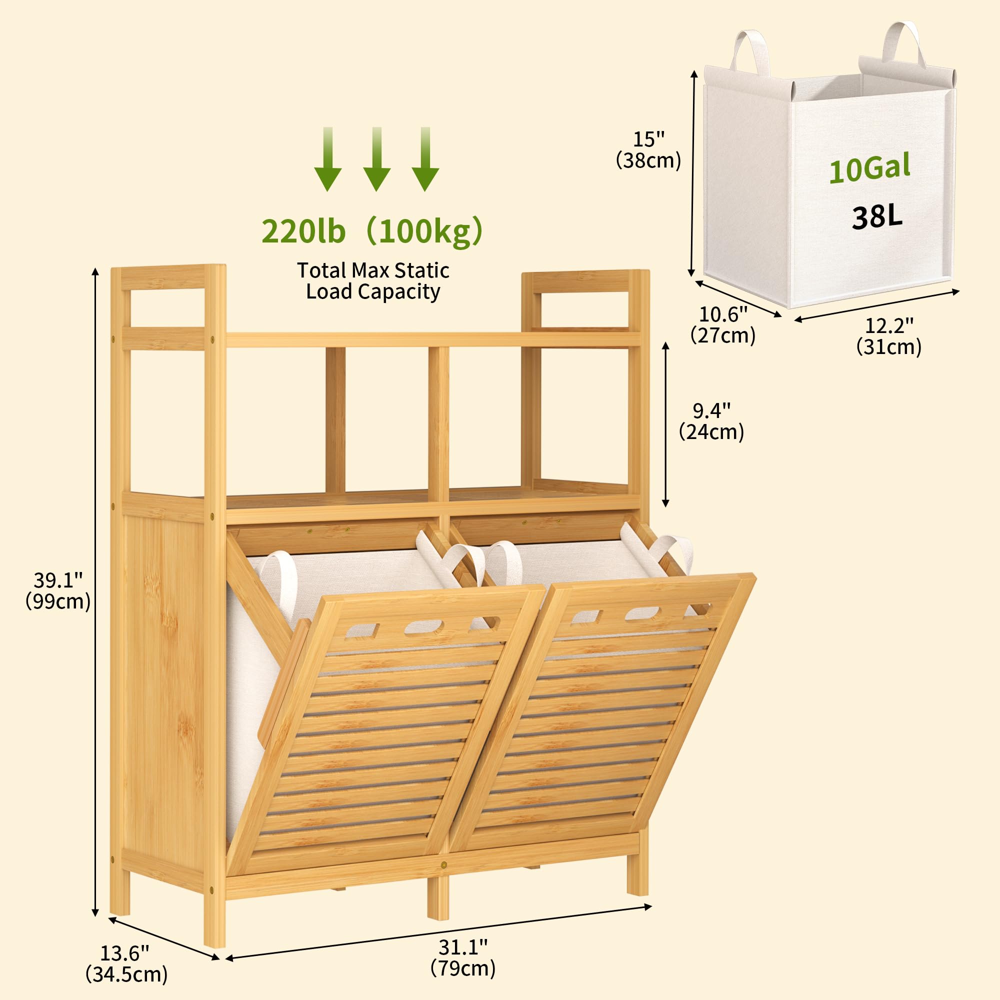 VASMIA Armadietto Bagno con Cesto per il Bucato, Bambù Mobile da Bagno, con 2 Ripiani, con 2 Sacchetti per il Bucato Estraibili (2 * 38 L), per Bagno, Camera da Letto, Lavanderia, Naturale