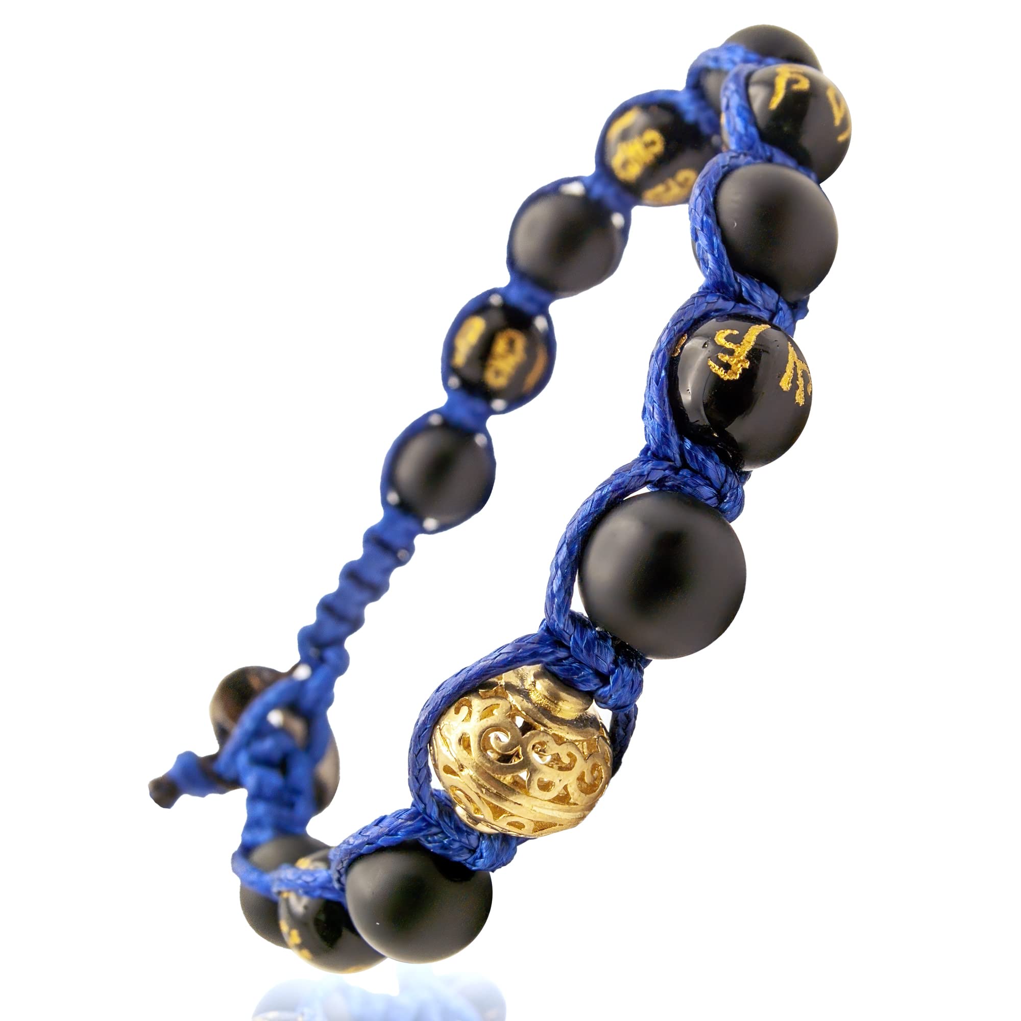 SamsaraSamsara Tibetan Buddhist Bracelet – Shamballa with Matte Onyx and Polished Onyx with Mantra – Waxed Cotton Thread