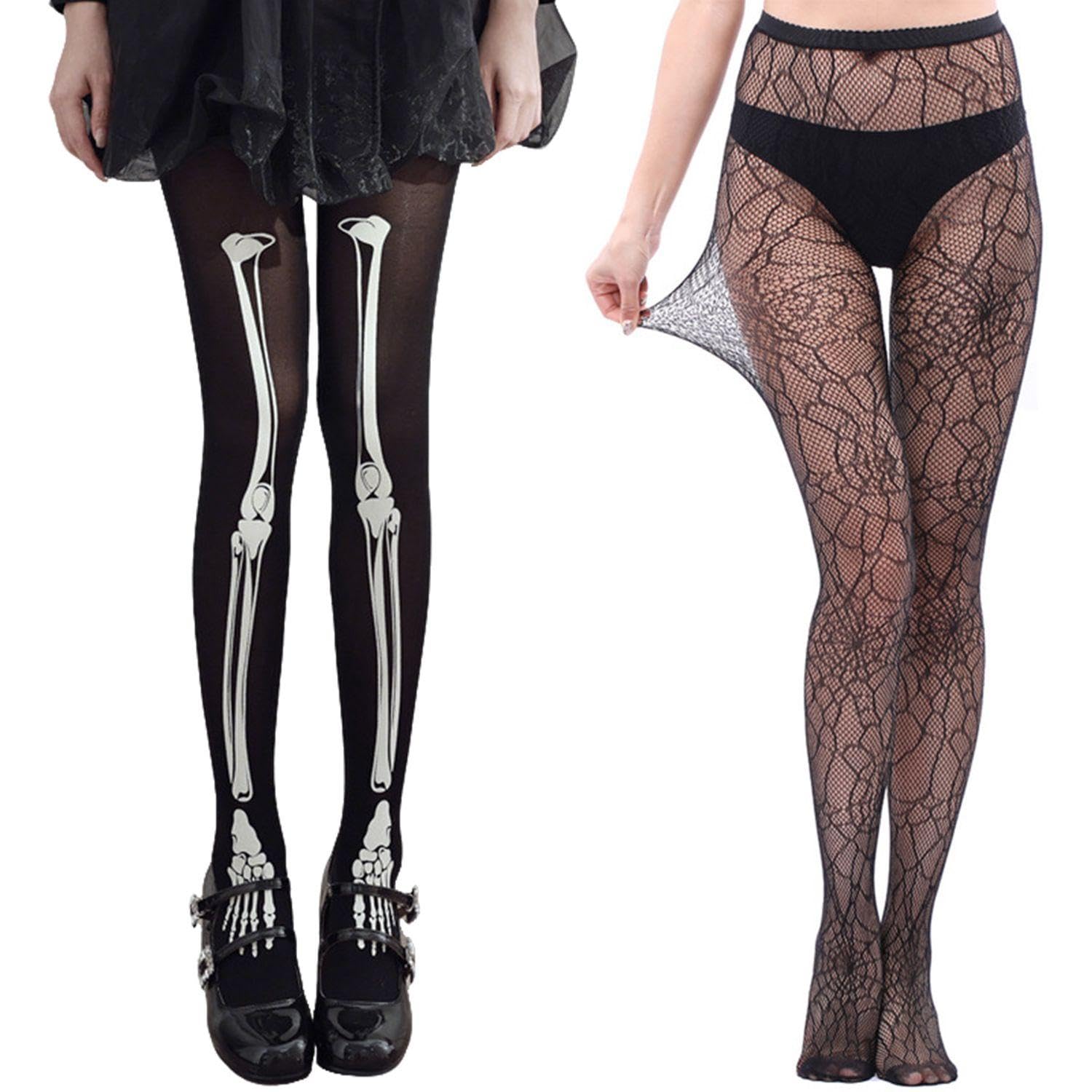 UBSIUH 2 Pairs Of Skull Spider Web Stockings, Punk Fishnet Pantyhose, Ladies Gothic Stockings, Halloween Costume Decoration Accessories.