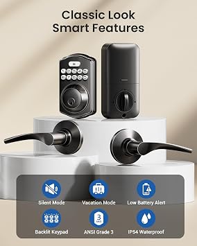 Veise KS01B Keypad Door Lock with 2 Lever Handles Set, Matte Black