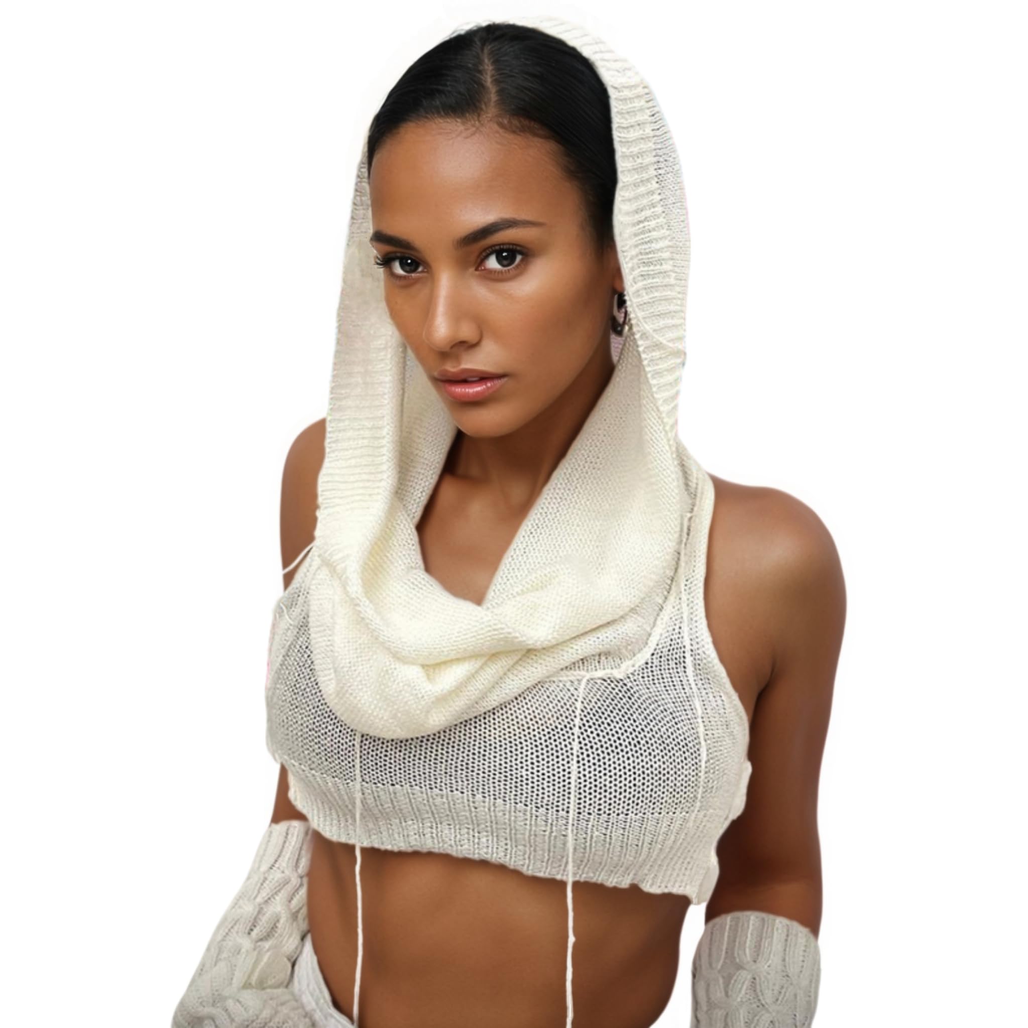 Women Knitted Hoodie Sweater Vest Sexy Sleeveless Hollow Out Hooded Crop Top Streetwear Rave Oufit