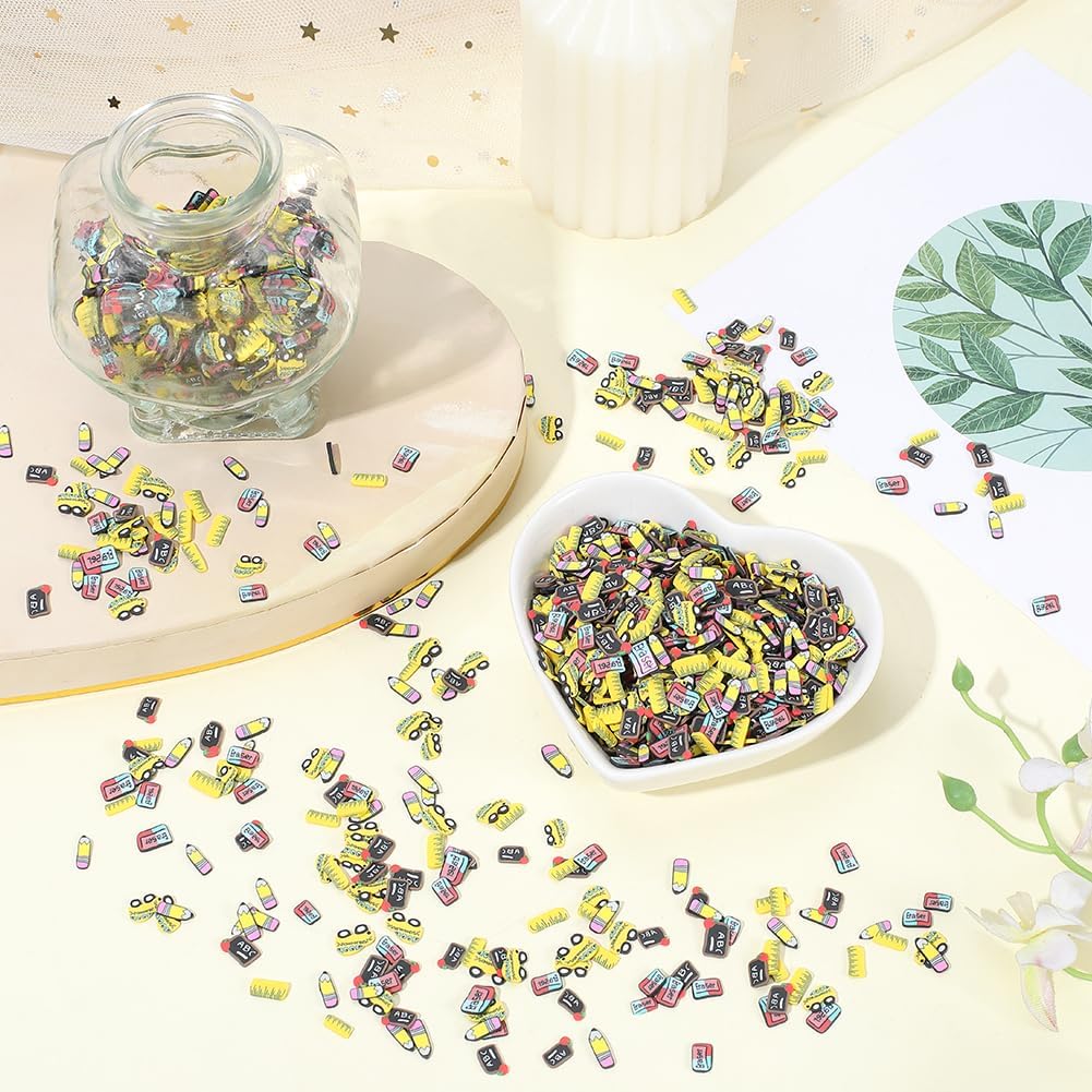 SUNNYCLUE 100G Polymer Clay Slices School Confetti Back to School Pen Ruler Blackboard Mini Cabochons Teachers Day Graduation Confetti for Nail Art DIY Crafts Party Table Phone Case Decoration Favors