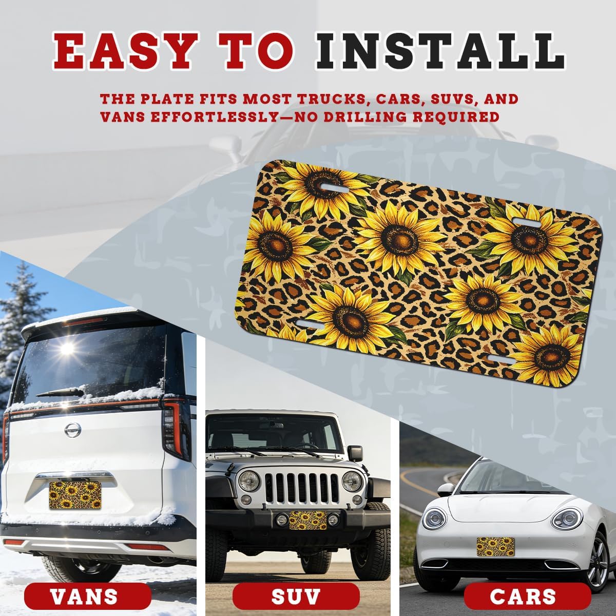 Sunflower Leopard Farm Front License Plate Rustic Floral Country Aesthetic Style Car Decorative License Plates Aluminum Metal Decor Accessory Novelty Vanity Tag Cover for Men Women 6" X 12" image 3