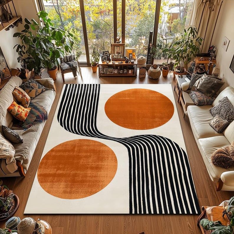 Tapis rétro orange à lignes circulaires 180x250cm géométrique et lavable pour salon