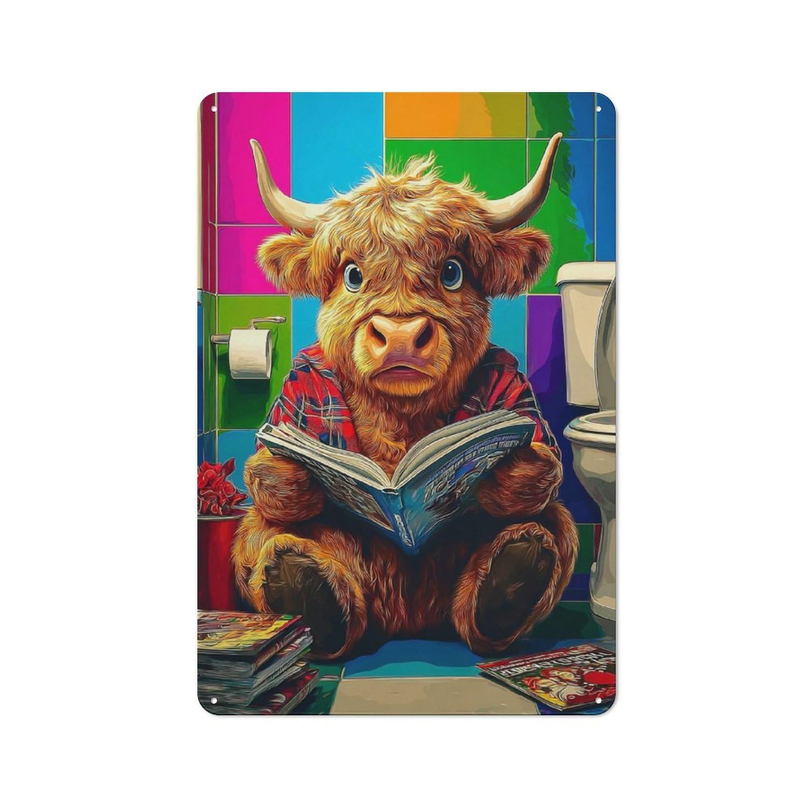 Highland Cow Reading in Bathroom Rustic Tin Sign 30x20cm, Vintage Porch Wall Decor for Conservatory, Home Bar Or Utility Room