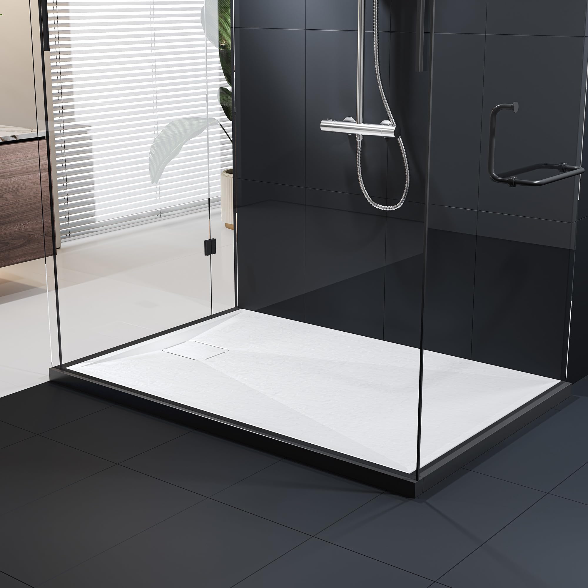 HOROW Shower Tray 120x80 cm, White Acrylic Stone Effect Base – Large Anti-Slip Rectangular Slimline Tray, Warm-Touch Surface, Rapid Drainage