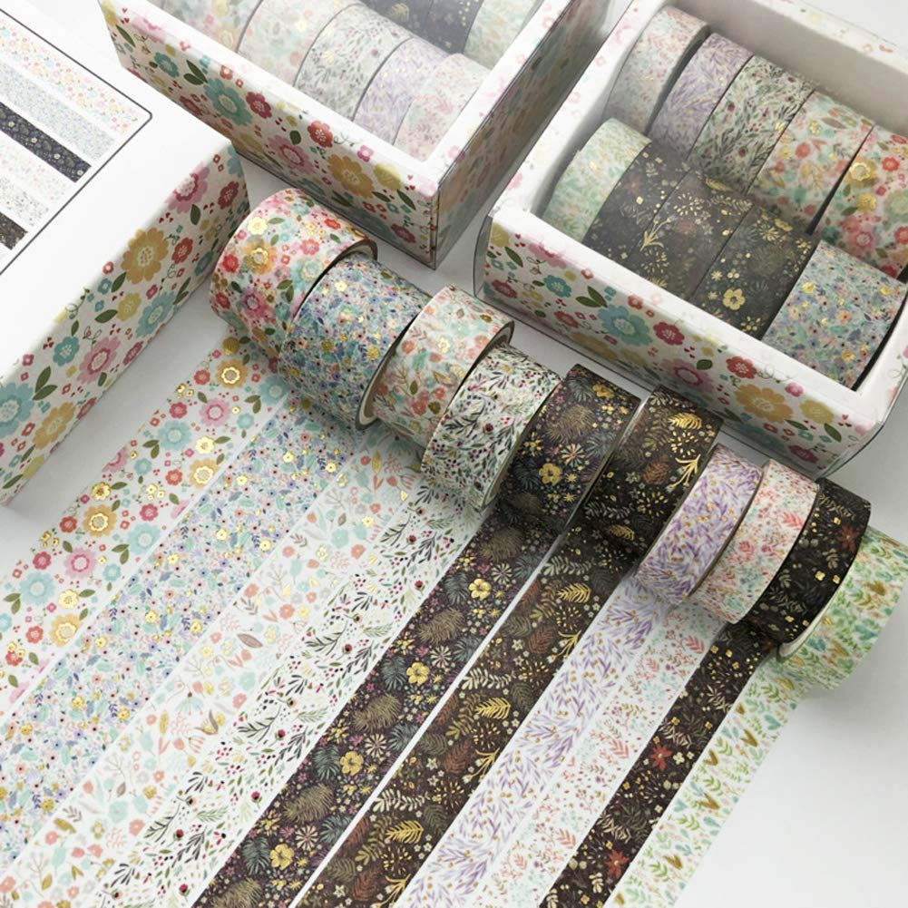 Cinta washi vintage con estampado botánico de alta definición y detalles de pan de oro, set 10