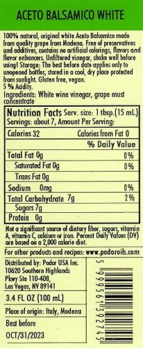 Miniatura 4 de PÖDÖR Aceto Balsamico White orgánico de alta calidad, 3.4 onzas líquidas, 100% natural, envejecido en barricas de roble, fermentado, sin filtrar,