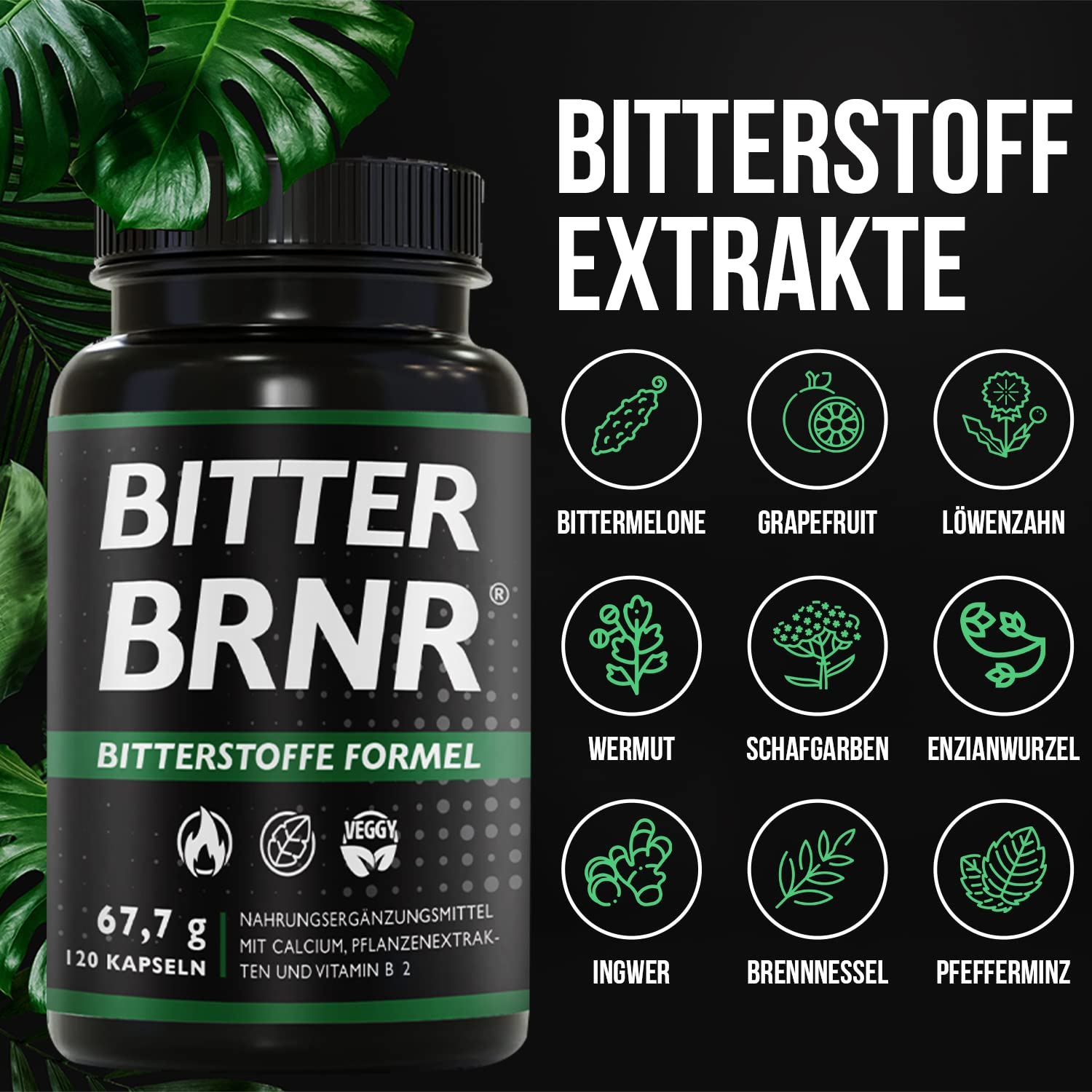 BRNR BITTER BRNR Bitterstoffe Formel und Stoffwechsel Komplex mit Vitamin B2, Verdauungsenzyme mit Calcium, Alternative zu Bitterstoffe Tropfen, 120 Kapseln