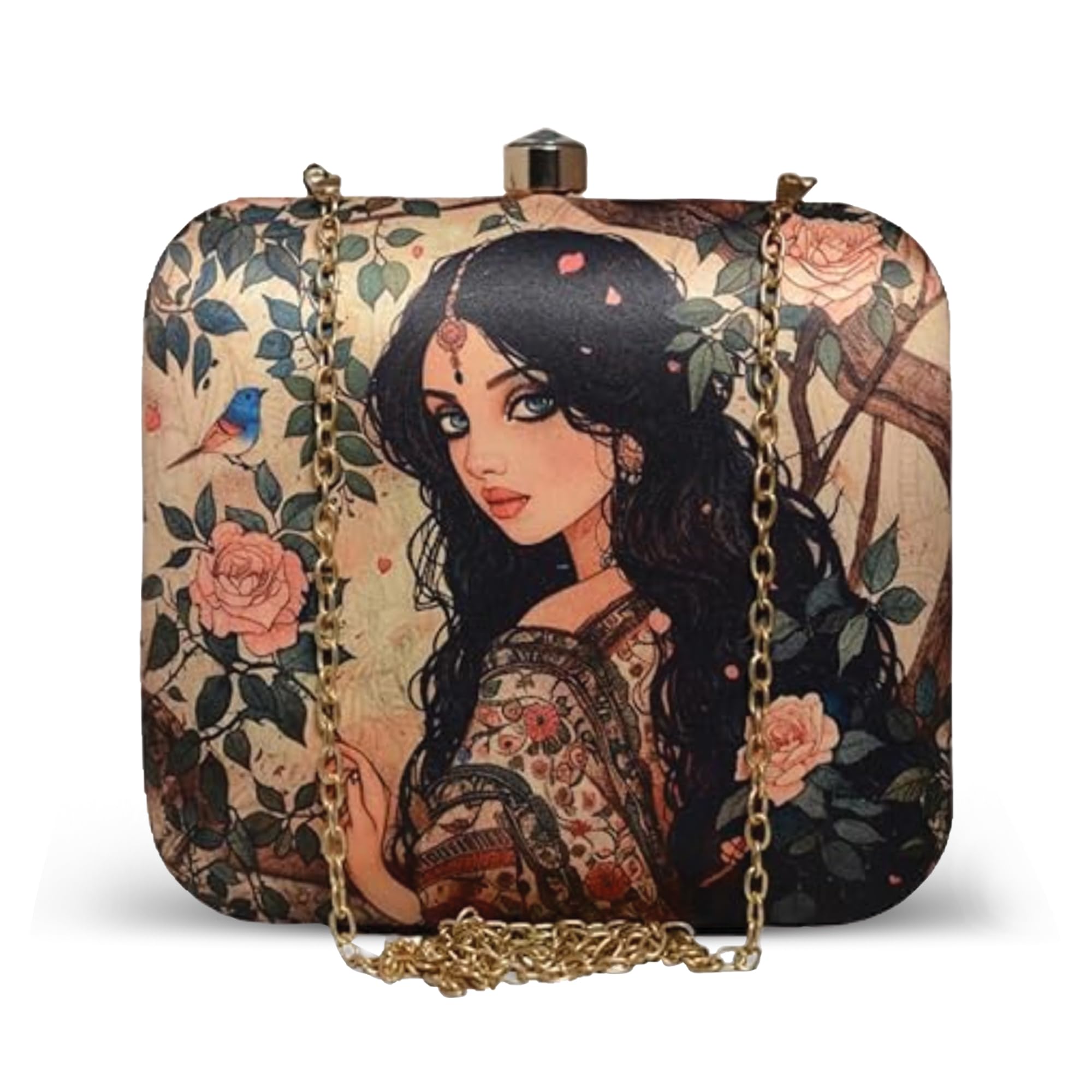 artklim Green Based Portrait Women In Saree Printed Casual Clutch Bag For Women With Detachable Strap-picture-11