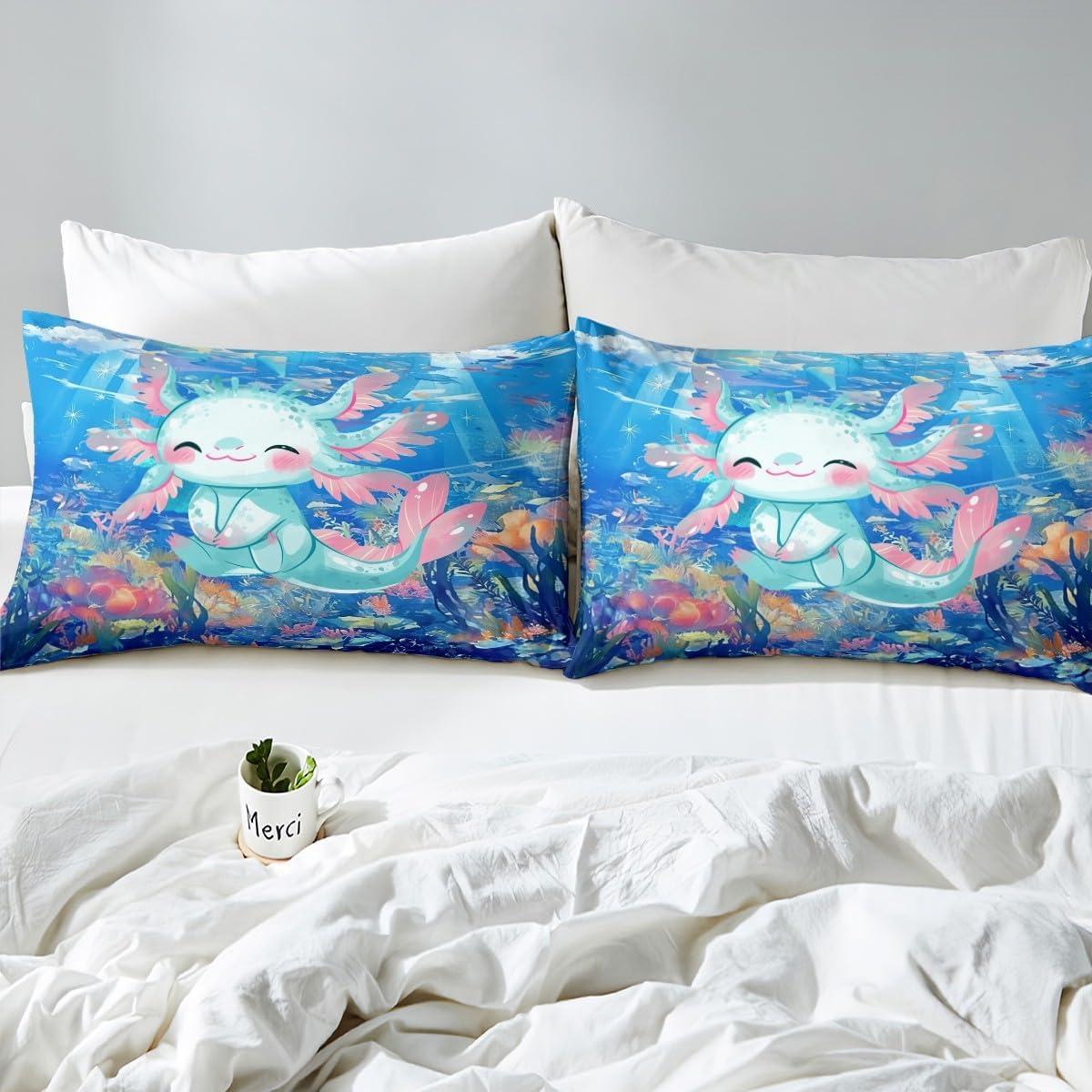 3D Axolotl Duvet Cover,Kawaii Marine Life Salamander Cartoon Print King Size Duvet Cover for Kids Adults,Watercolor Blue Undersea Ocean Soft Comforter Cover(No Filler) with Zipper Closure