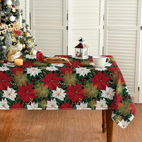 Horaldaily Christmas Tablecloth 60×84 Inch, Poinsettia Red White Washable Table Cover for Party Picnic Dinner Decor