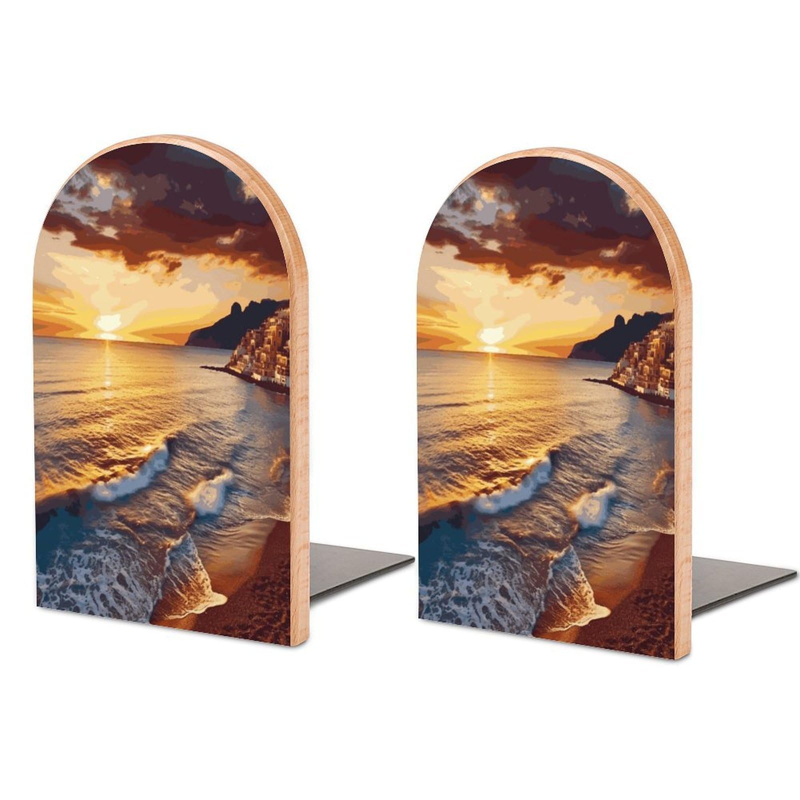 Seaside Sunset Bookend for Shelves Non-Skid Book Holder Modern Heavy Duty Bookend Stopper Metal Base Wood Book End Books Shelf Holder Home Decorative 1pair 5x3.9x3.1