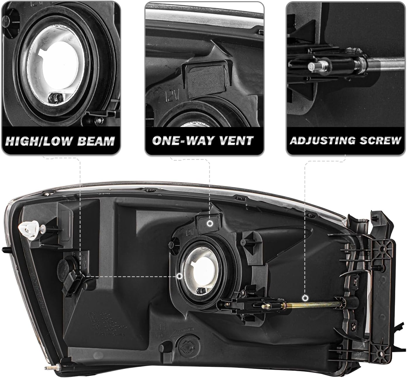 SOCKIR Headlight Assembly Fits for 06 07 08 Dodge Ram 1500/07 08 09 Ram 2500 3500 Pickup Passenger and Driver Side High/Low Beam Bulbs Included