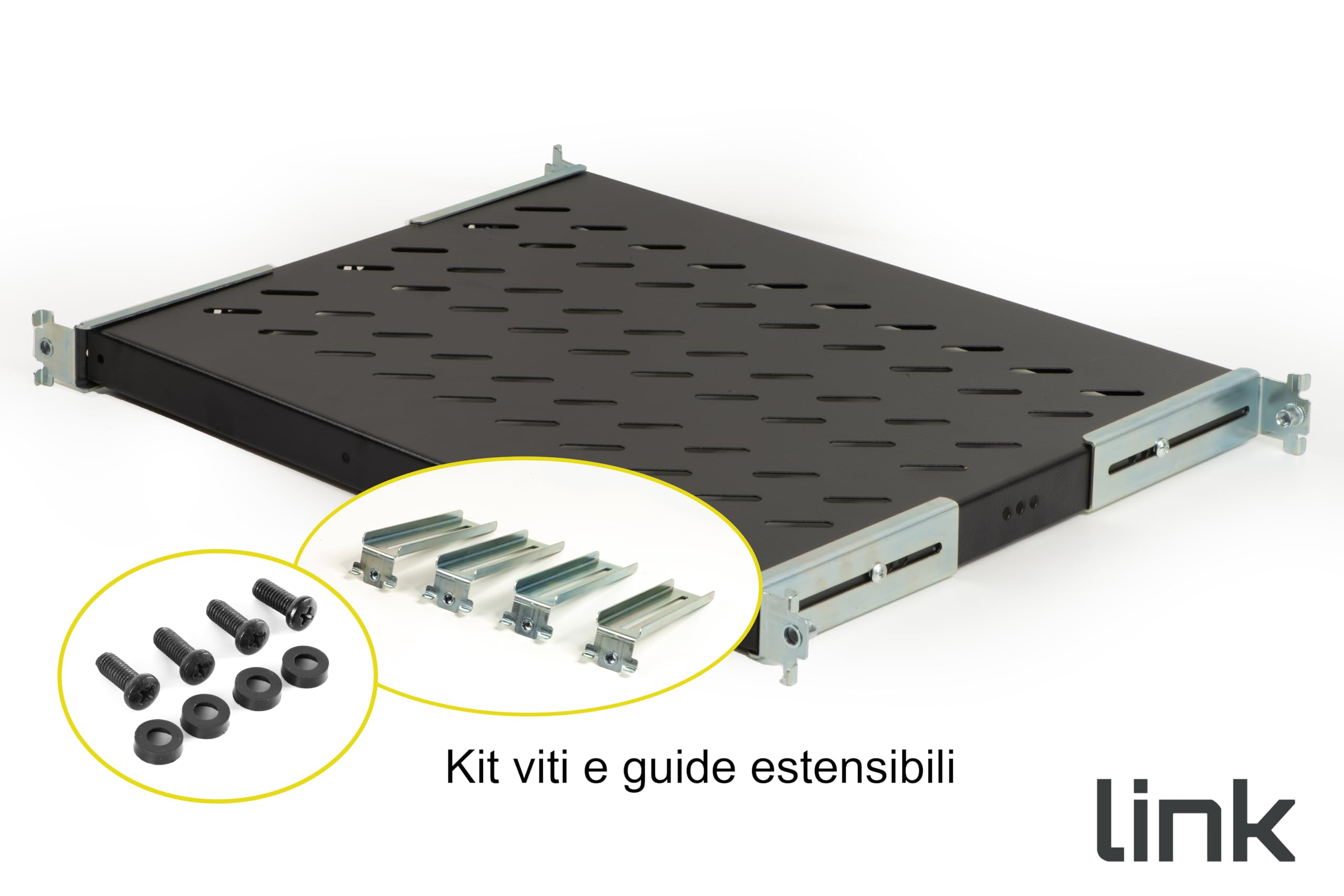 Mensola in acciaio per armadio rack 19" regolabile 350-450 mm, nero RAL9005, portata 50 kg