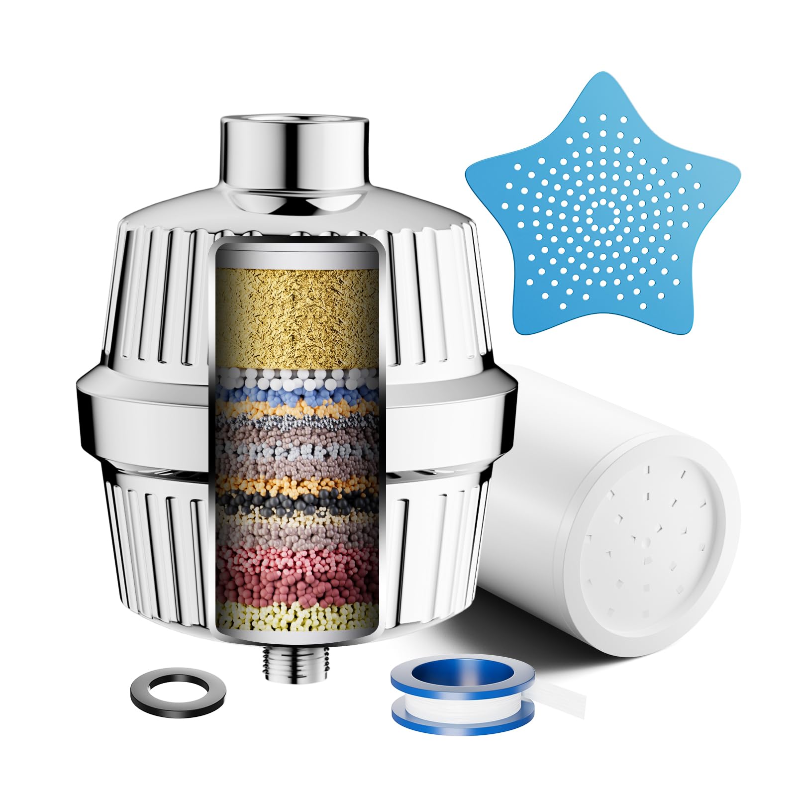 Cobbe Filtro de Ducha de 34 Etapas con Vitamina C para Agua Dura, Filtro Antical con 2 Cartuchos que Elimina Cloro y Metales Pesados, Cromado