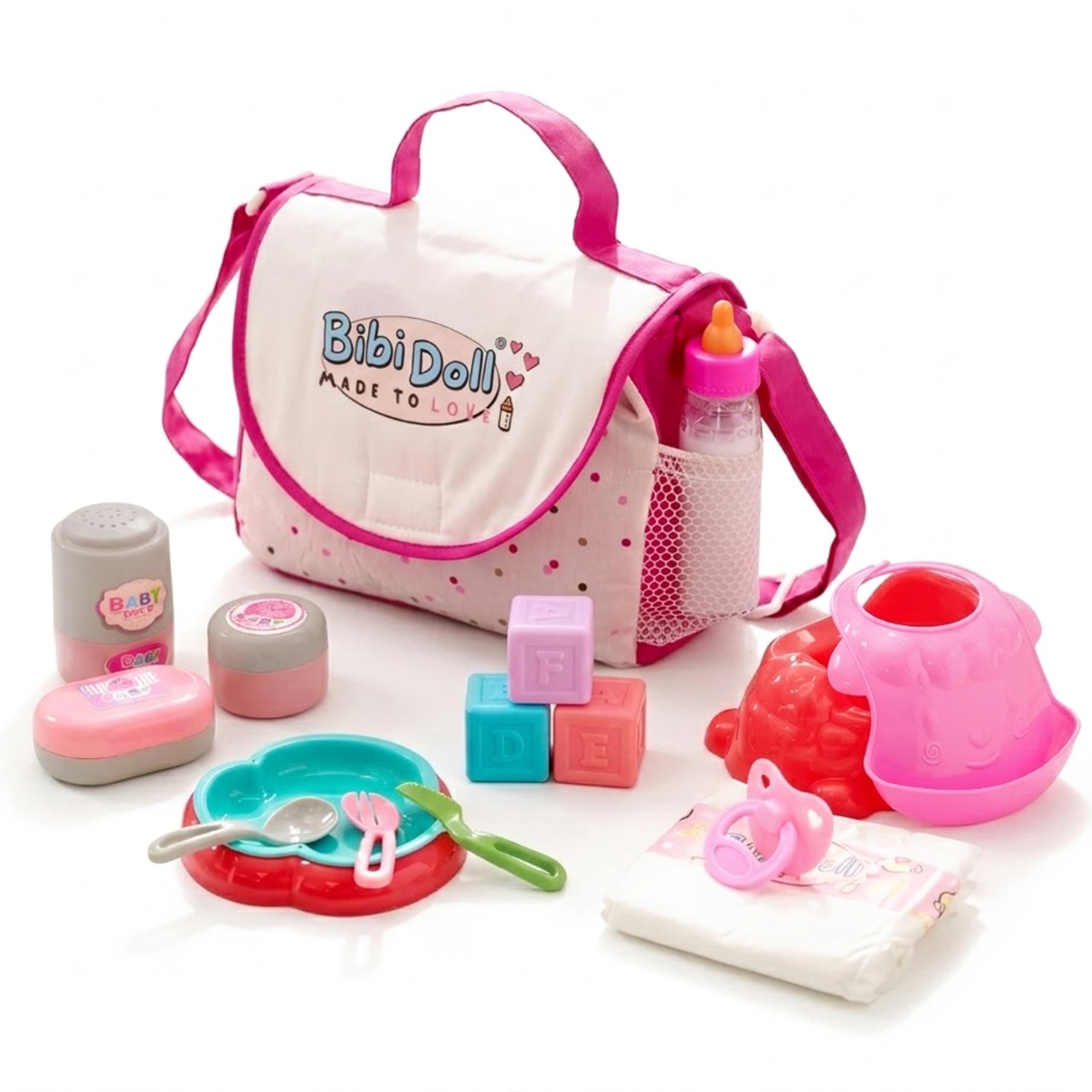 Bibi Doll 16-Piece Baby Doll Changing Bag & Accessories - Pretend Care Set with Mat, Nappy, Magic Milk Bottle, Potty, Feeding Bowl, Dummy - Nurturing Role Play Toys for Kids, Girls & Boys, Ages 3+