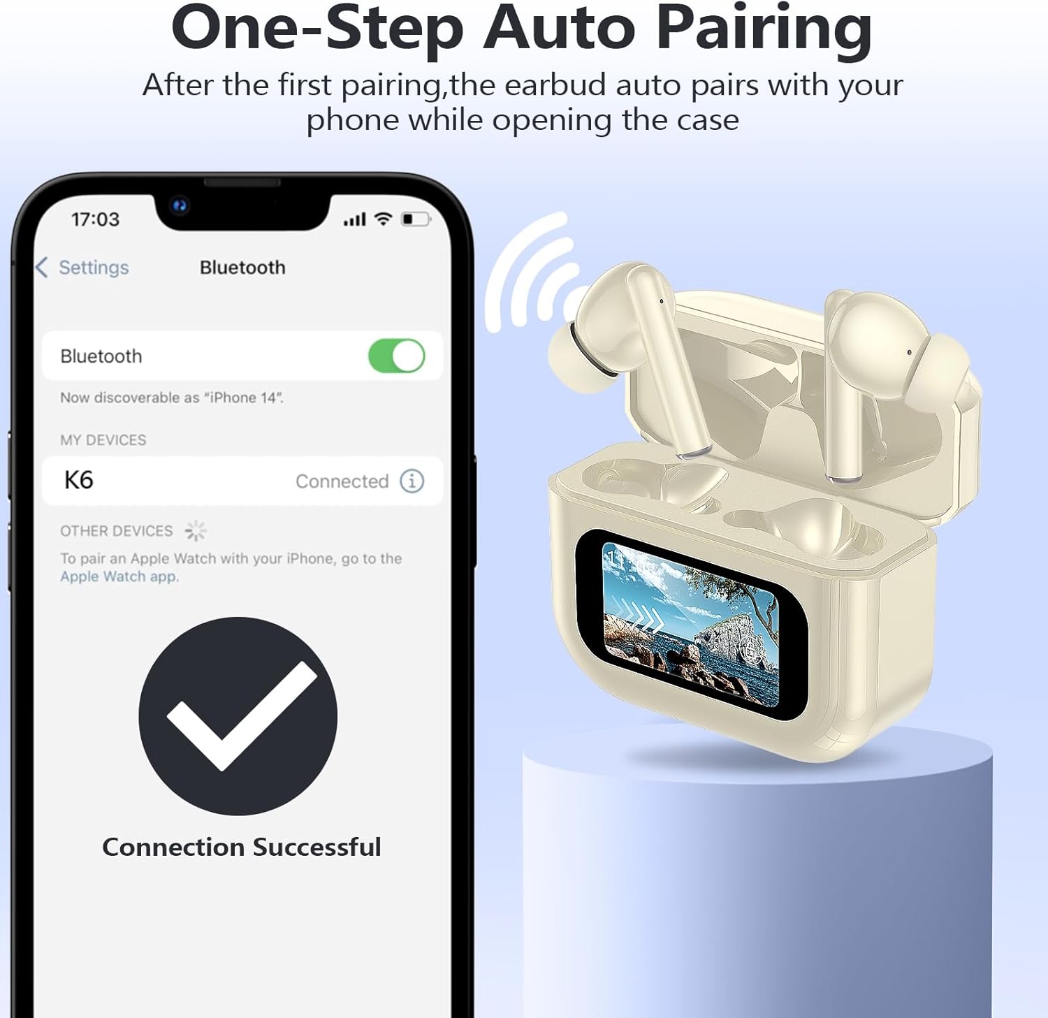 Smartphone screen showing successful Bluetooth connection to K6 earbuds