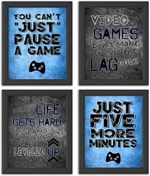 Silly Goose Gifts You Cant Just Pause A Game - Video Gamer Themed Wall Art Room Decor Prints Set of 4