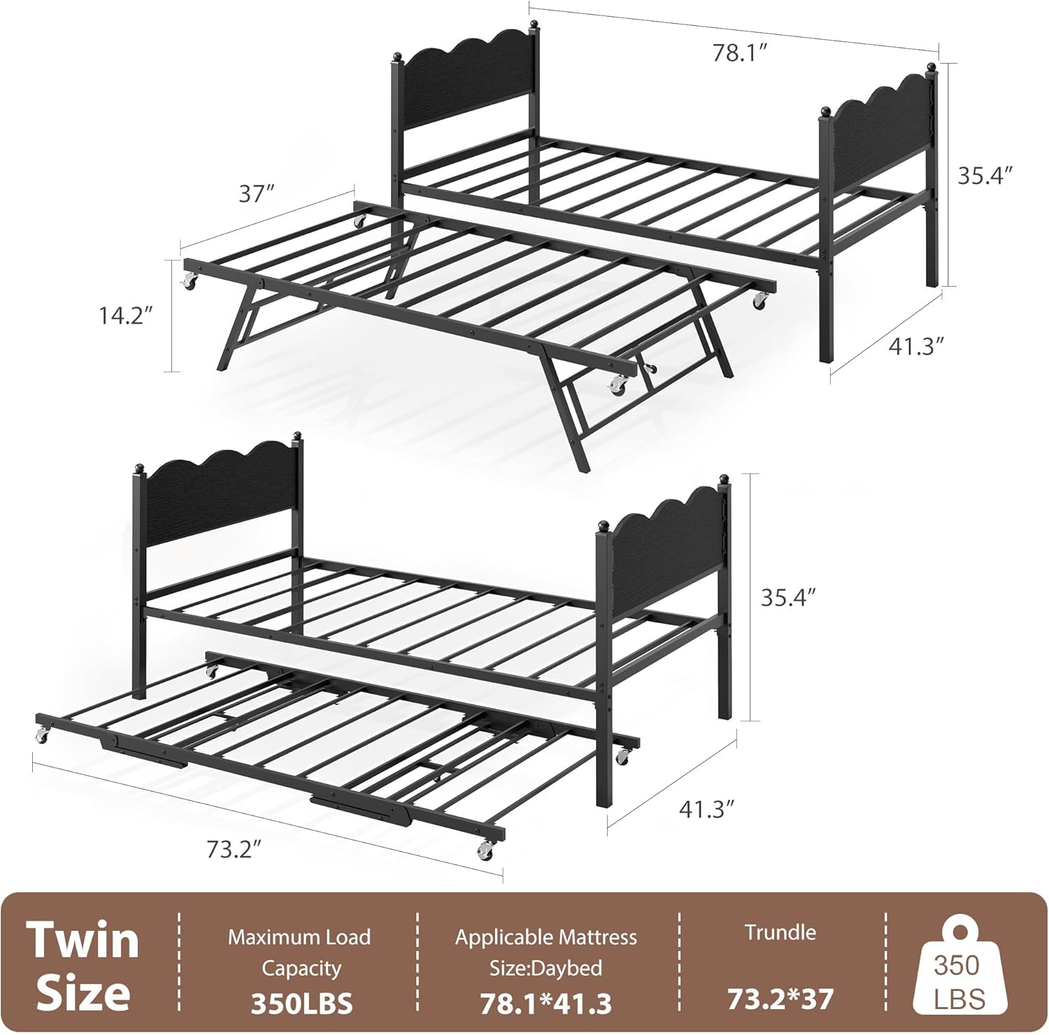 IDEALHOUSE Twin Daybed with Trundle, Day Bed with Industrial Wood Grain Headboard, Steel Slats Support & Lockable Casters, Space-Saving & Multifunctional, Easy Assembly for Living Room, Bedroom, Black