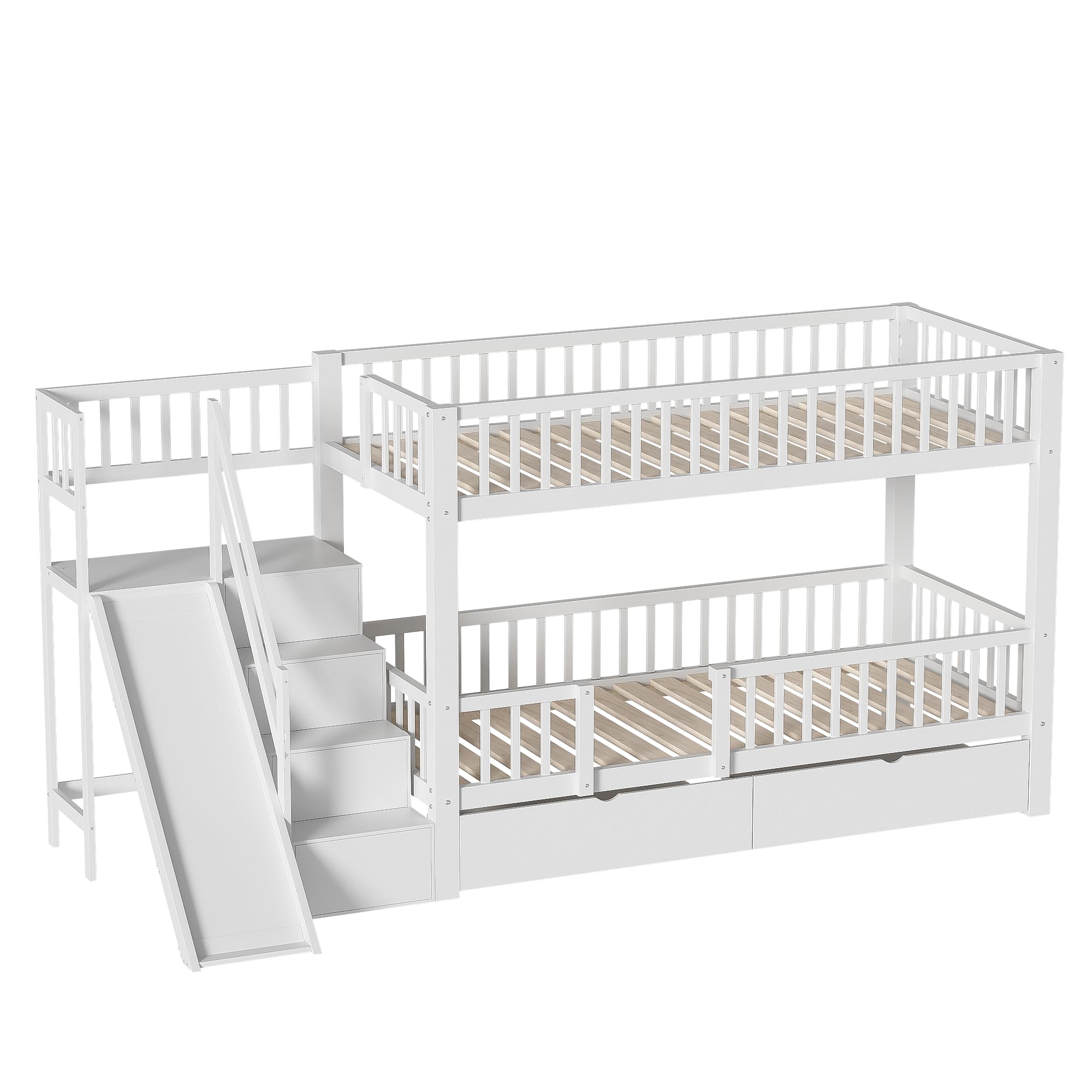 Etagenbett Kinderbett 90x200 für 2 Kinder, Hochbett mit Treppe&Rutsche&2 Schubladen, Funktionsbett Holzbett Stockbett Spielbett Jugendbett Bettgestell mit Rausfallschutz&Lattenrost,Ohne Matratze,Weiß