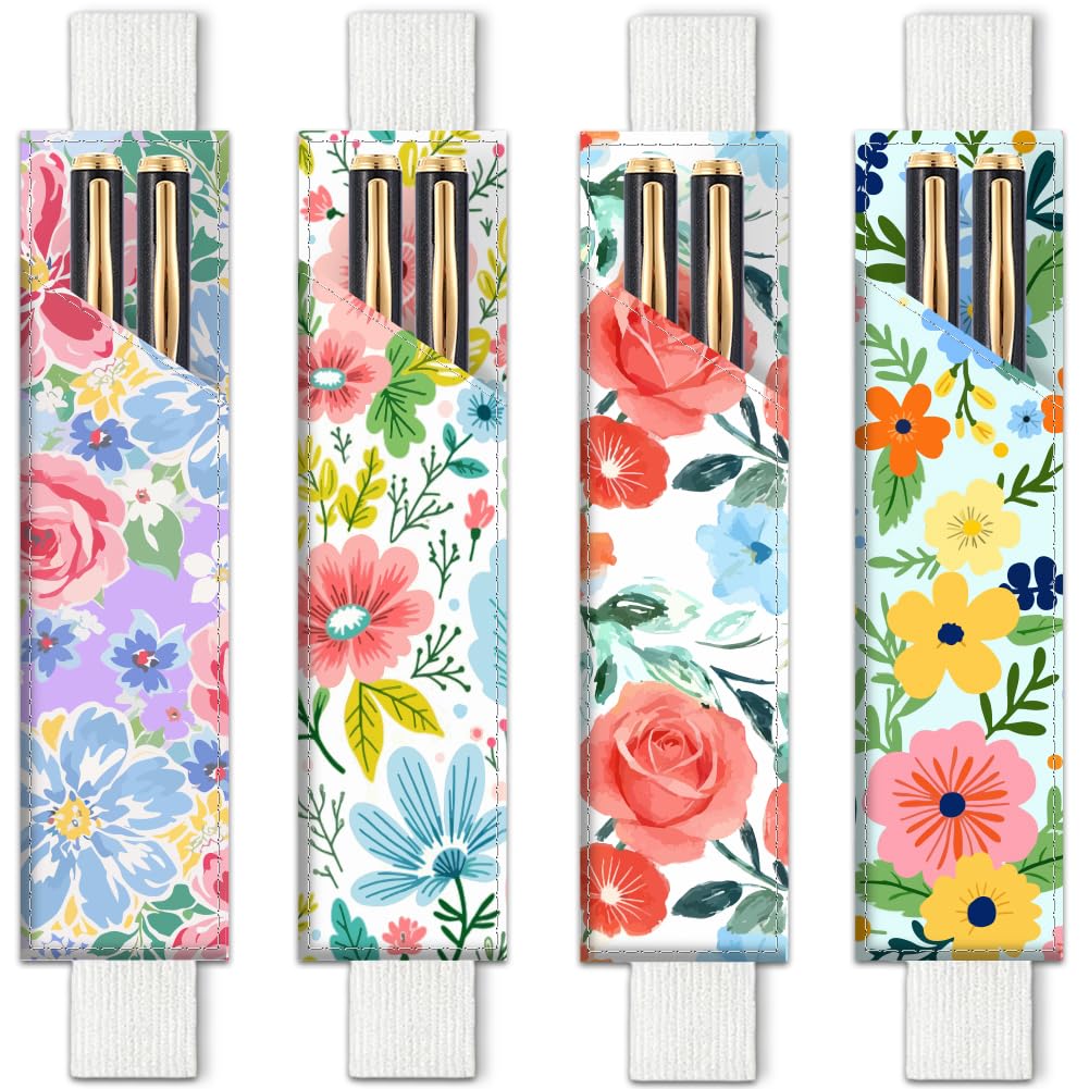 PRESSINART 4Pcs 4 Styles Adjustable Elastic Band Pen Holder 7.9 x 1.8 Inch Leather Pencil Pouch for Notebook Hardcover Journals Planners Binders Rectangle Flowers Pattern Band Pen Case for Office Use